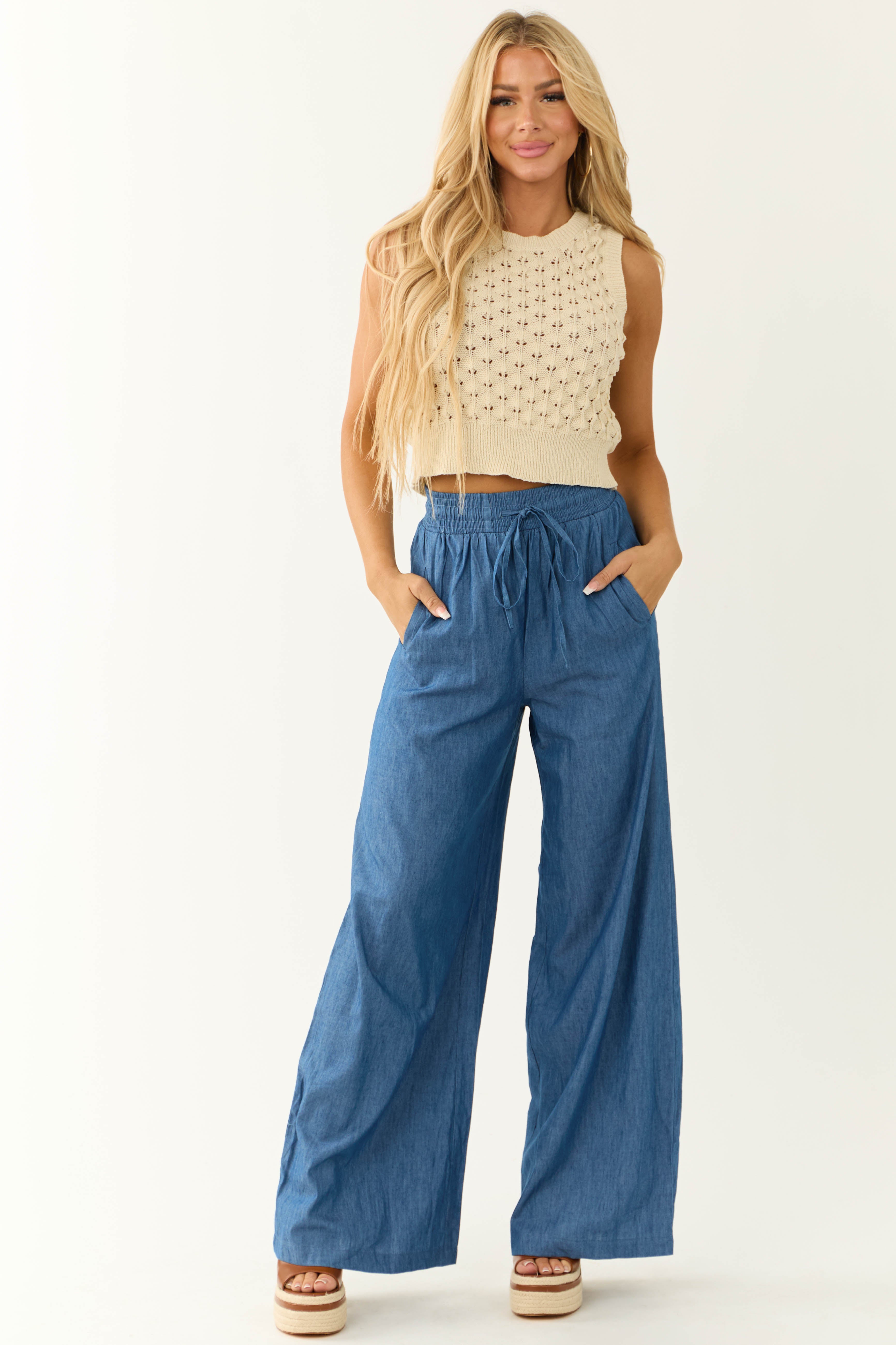 Flying Tomato Medium Chambray High Rise Wide Leg Pants-Newayad