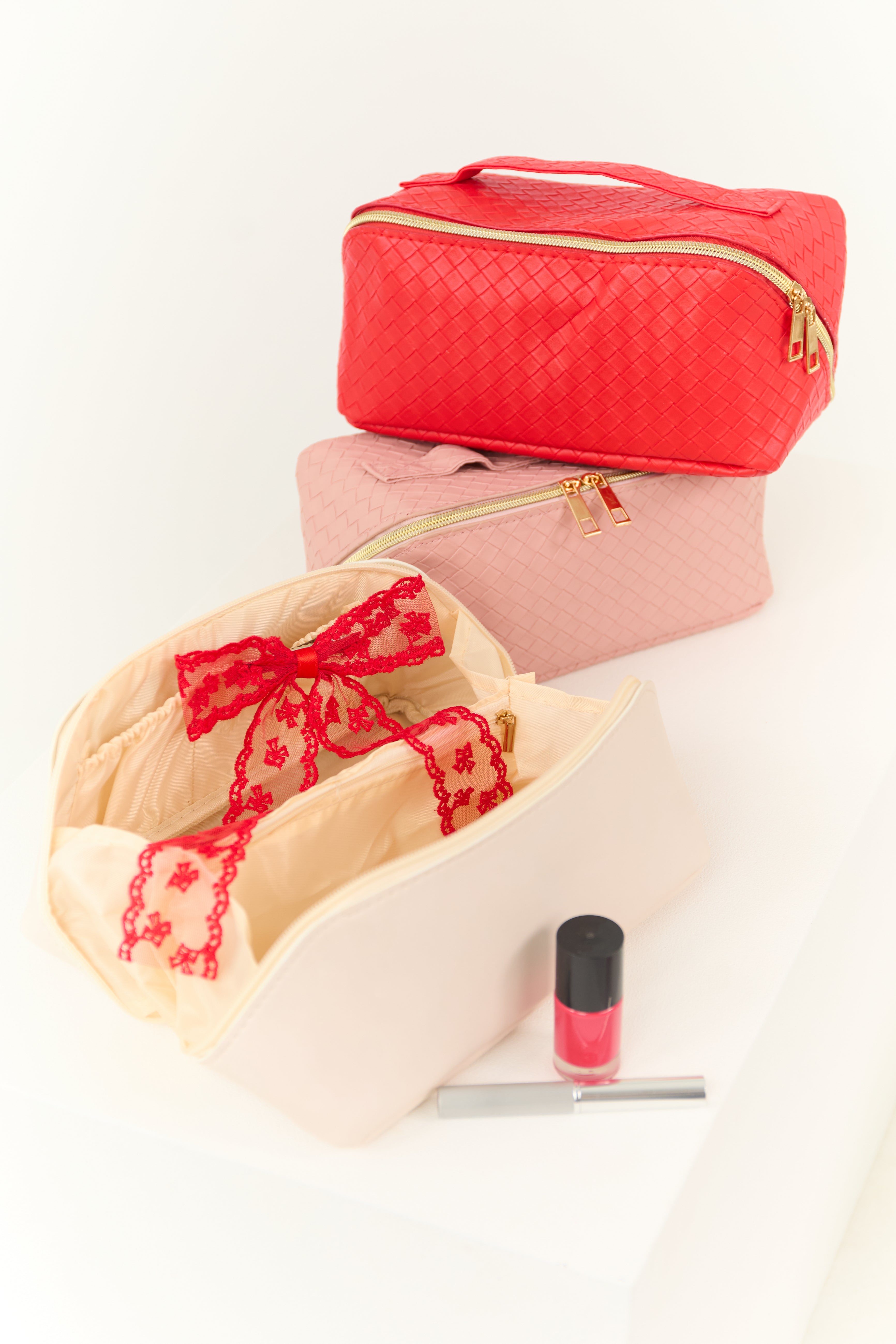 Crimson Braided Faux Leather Makeup Bag-Newayad