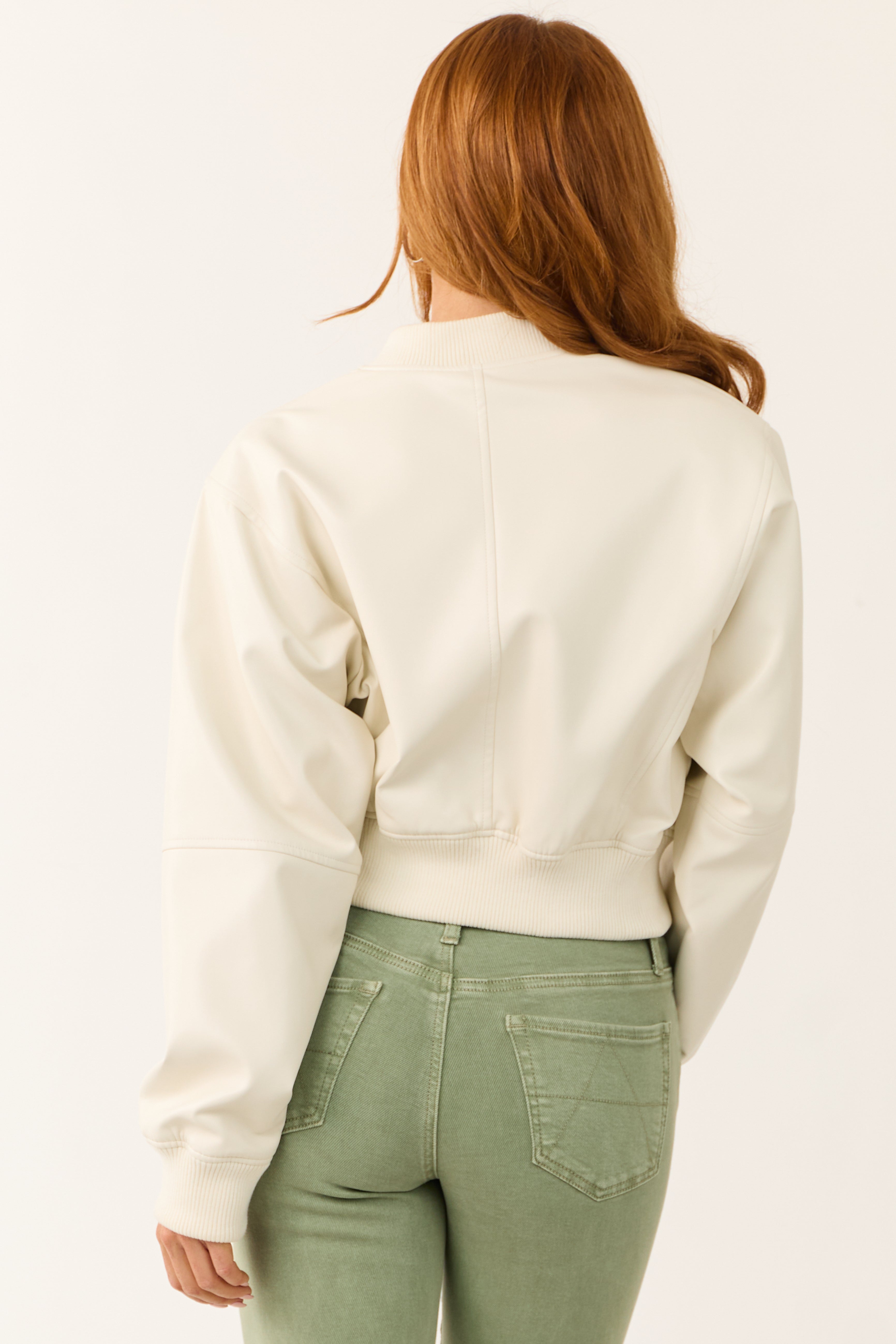 Ivory Faux Leather Zip Up Bomber Jacket-Newayad