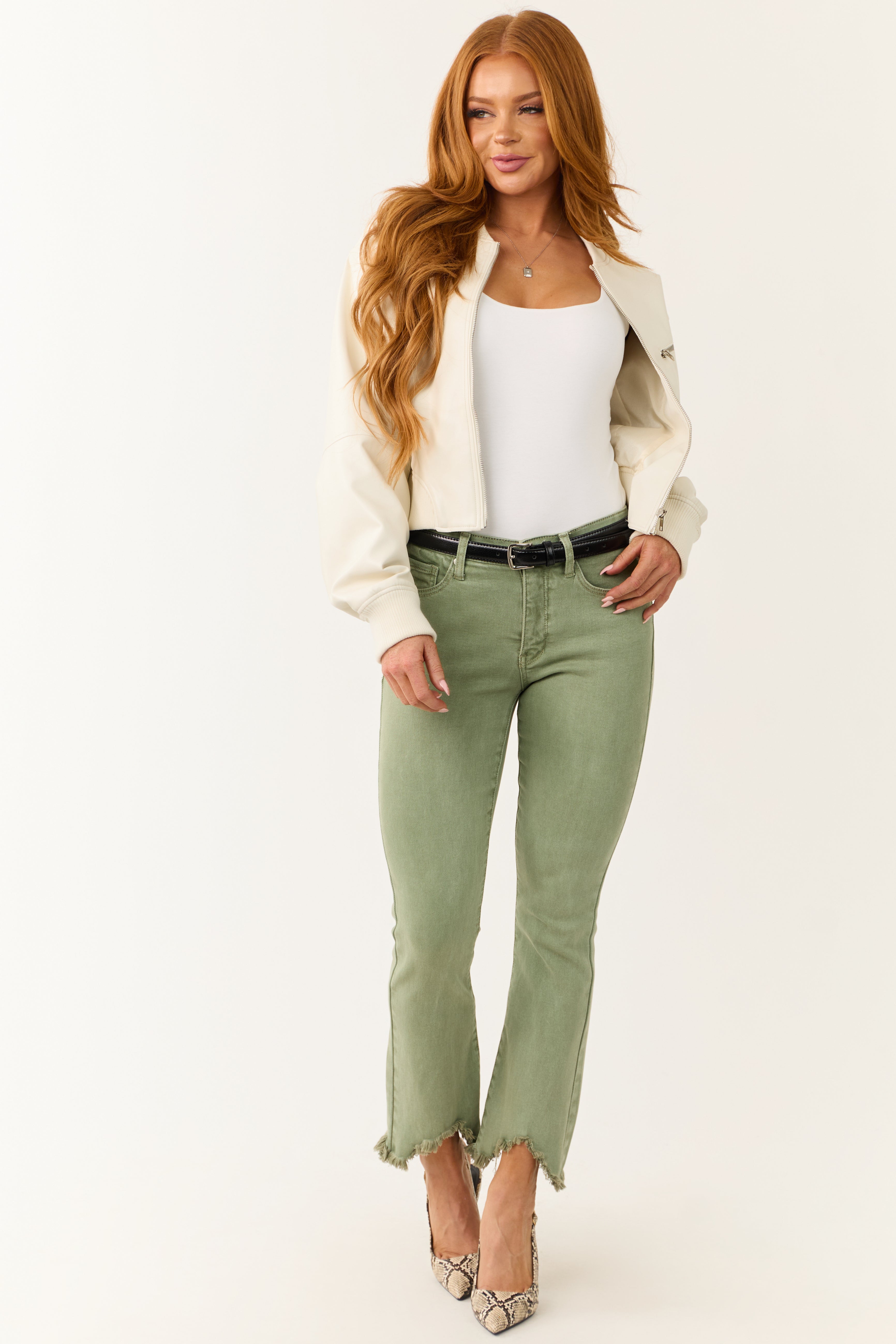 Ivory Faux Leather Zip Up Bomber Jacket-Newayad