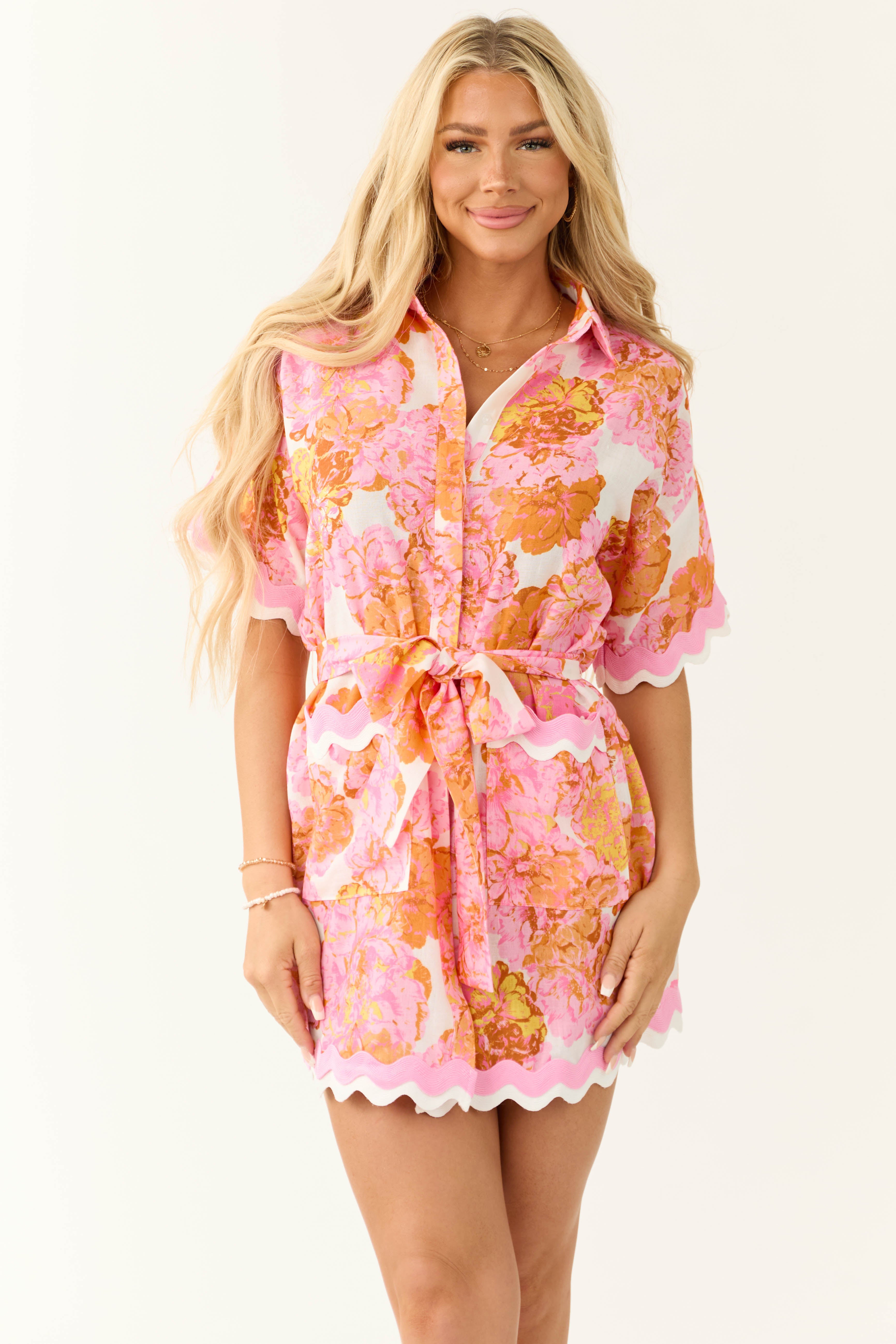 Ivory Floral Print Button Down Mini Dress-Newayad