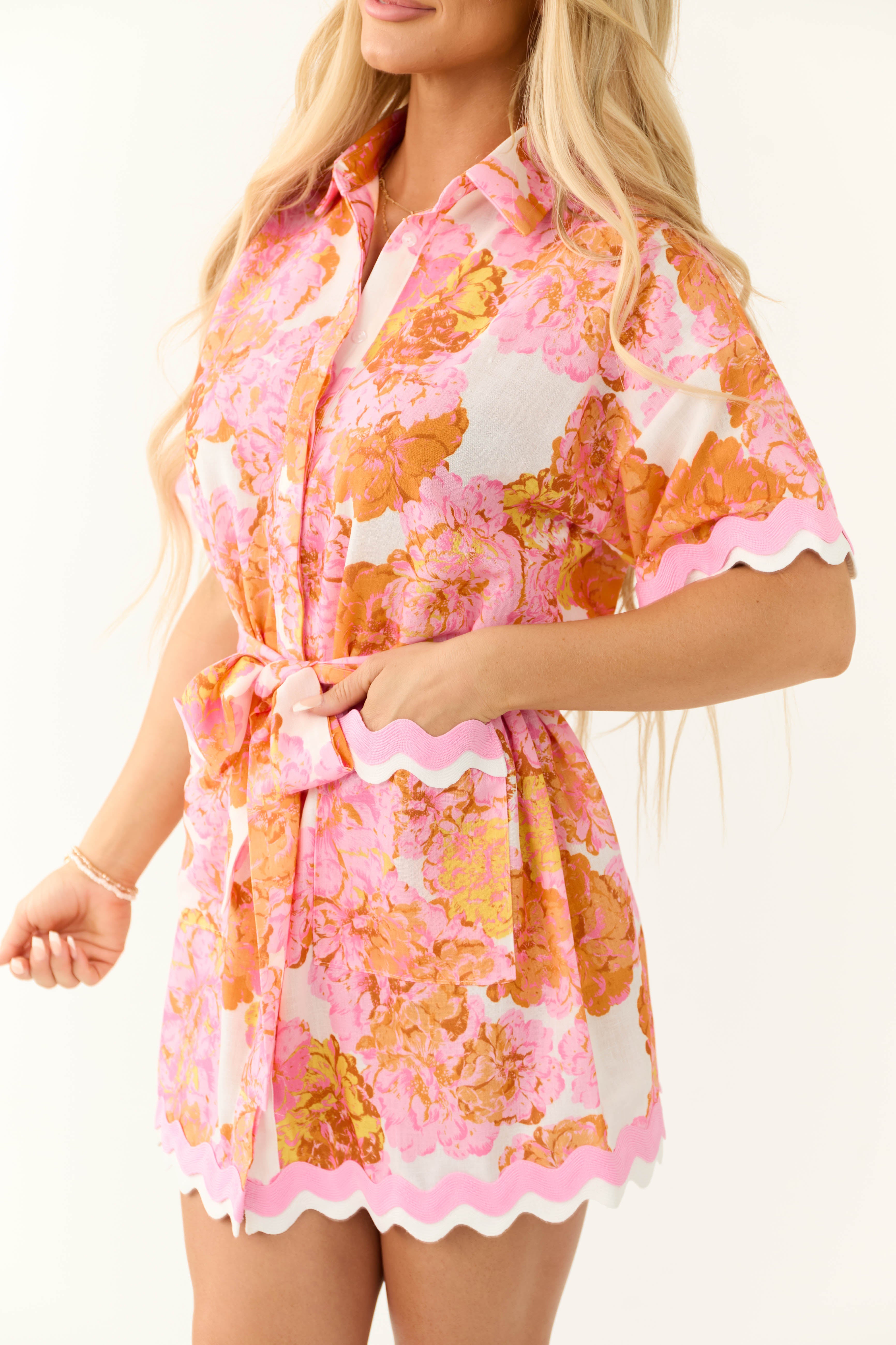 Ivory Floral Print Button Down Mini Dress-Newayad