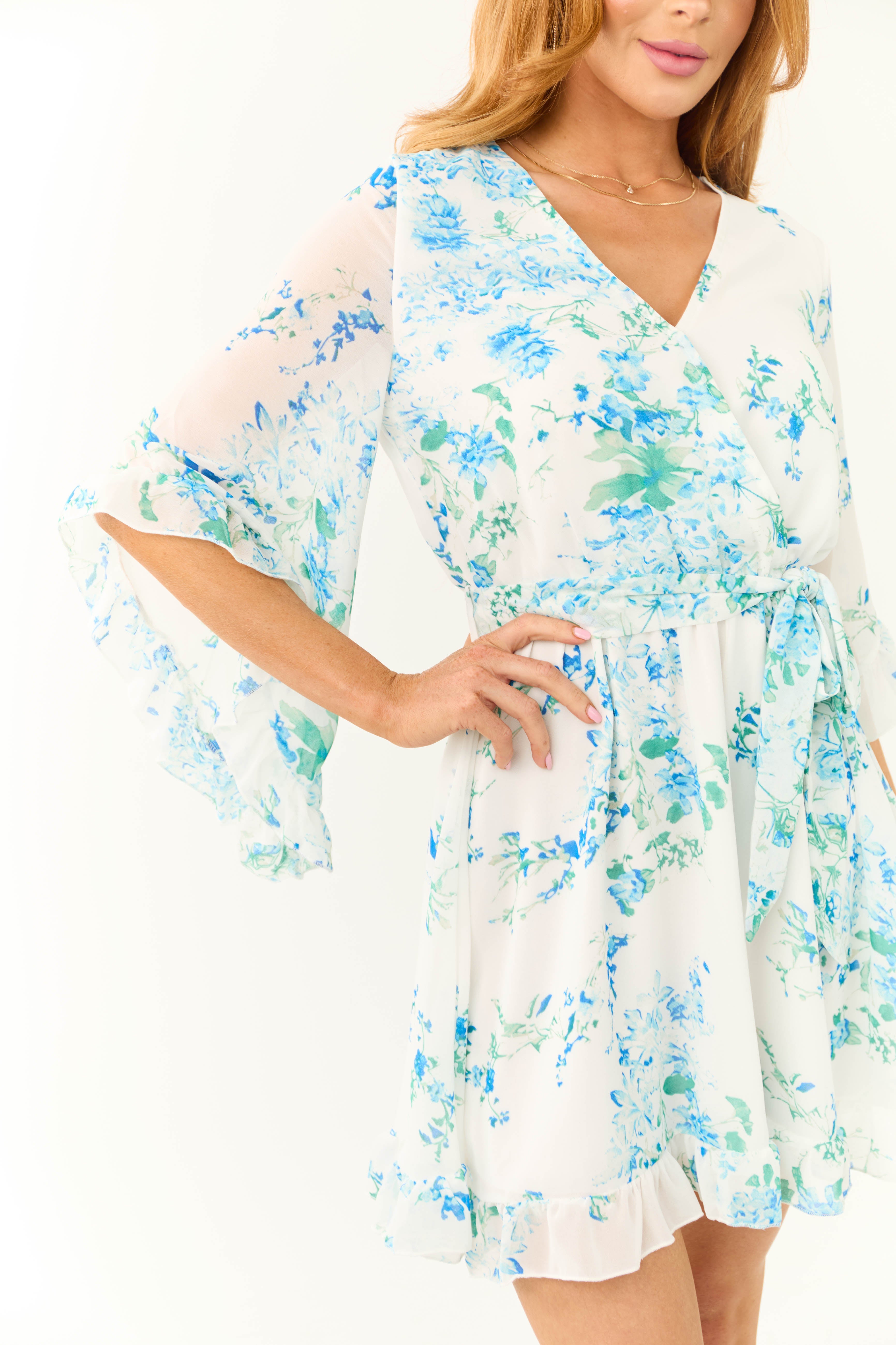 Ivory Floral Print Half Sleeve Short Dress-Newayad