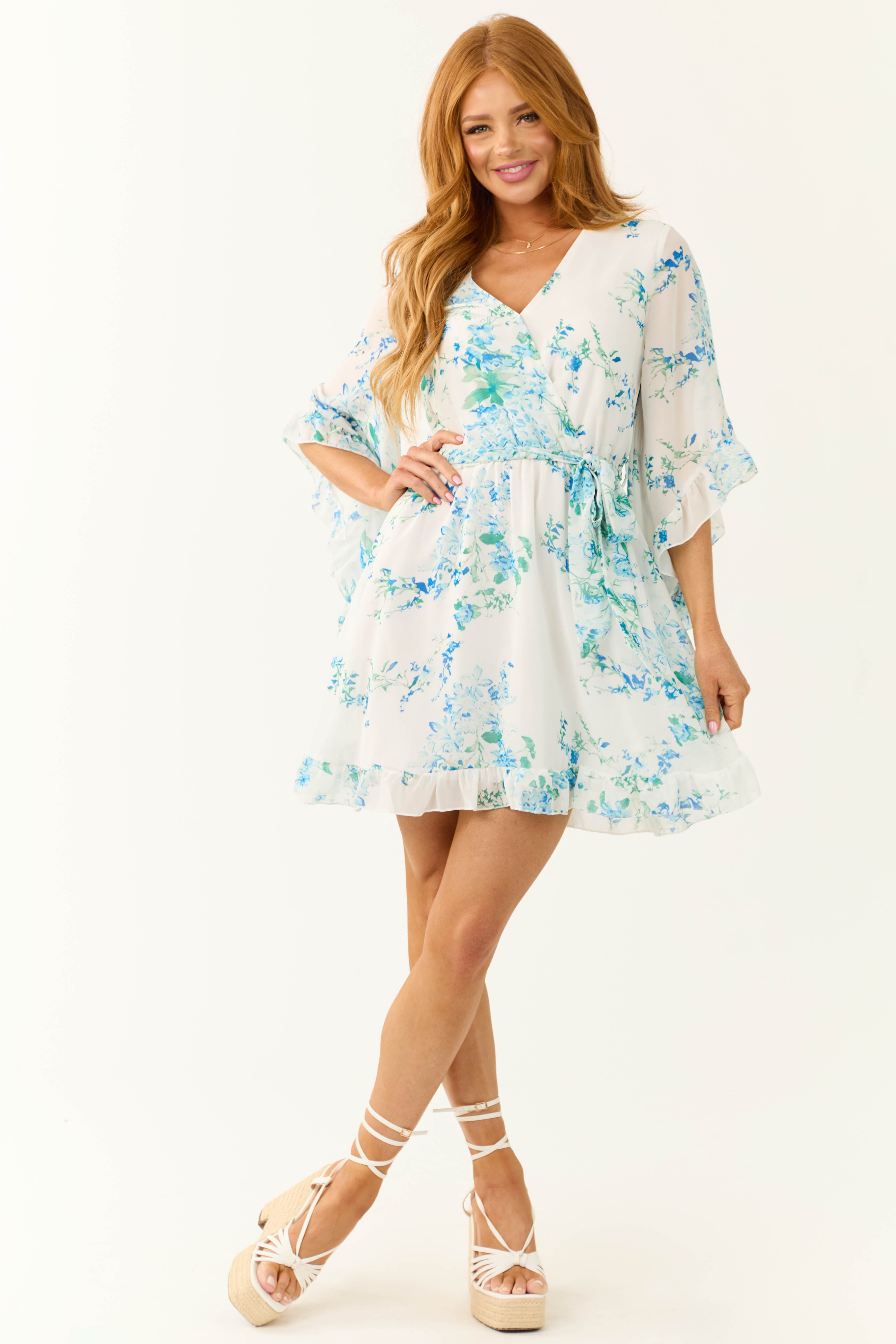Ivory Floral Print Half Sleeve Short Dress-Newayad