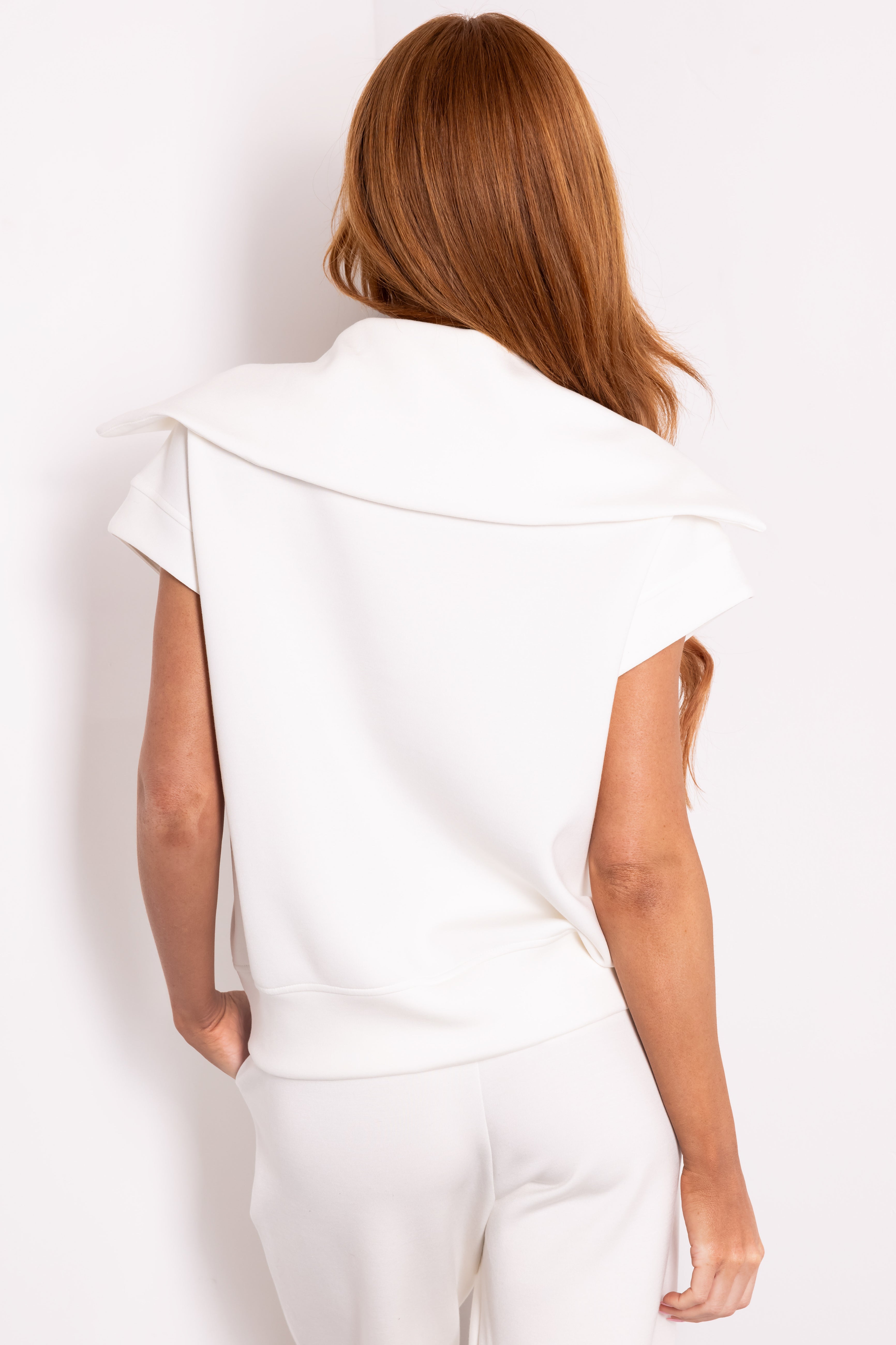 Ivory Half Zip Up Cap Sleeve Collared Soft Top-Newayad