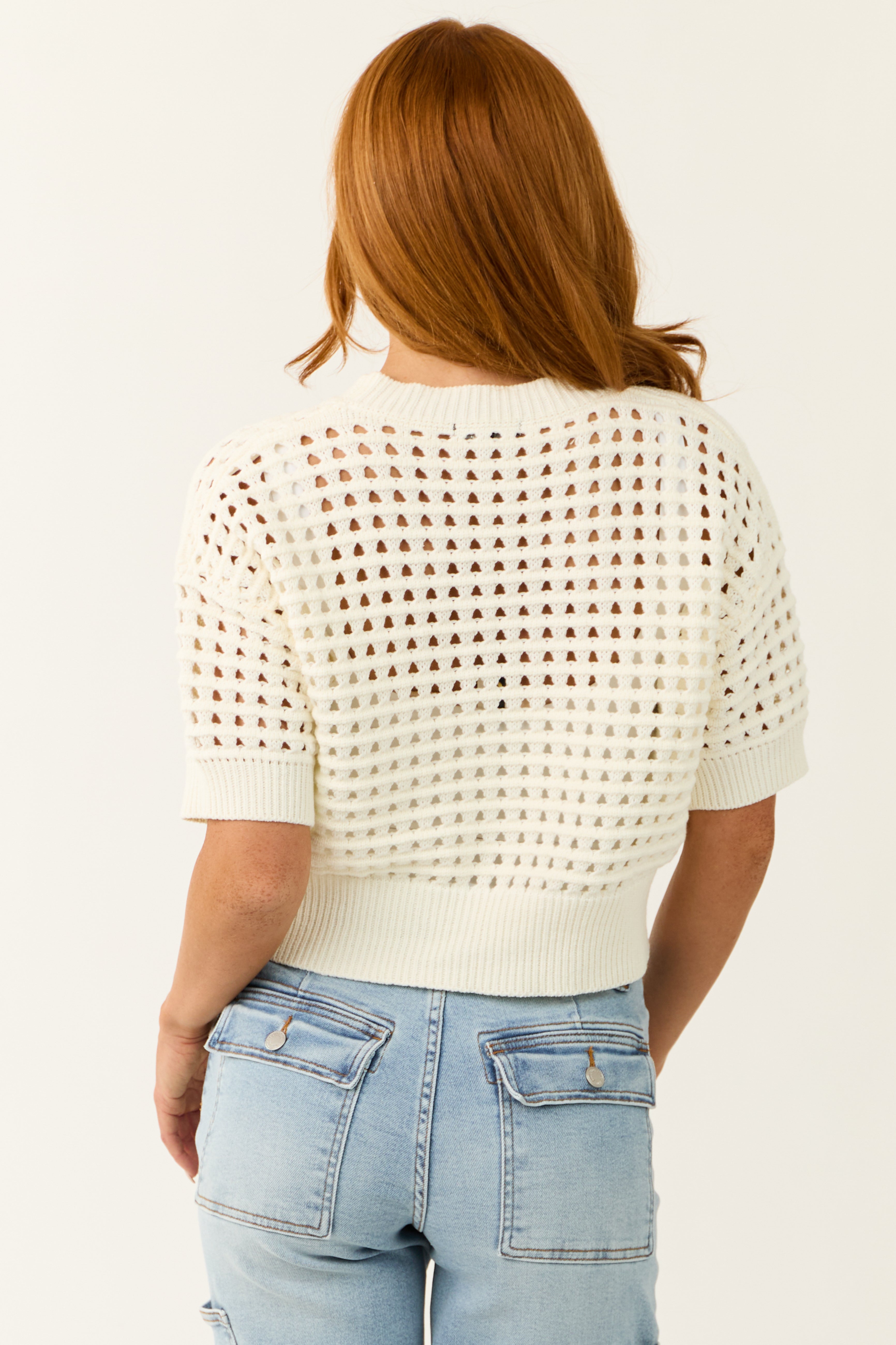Ivory Open Crochet Half Sleeve Crop Top-Newayad