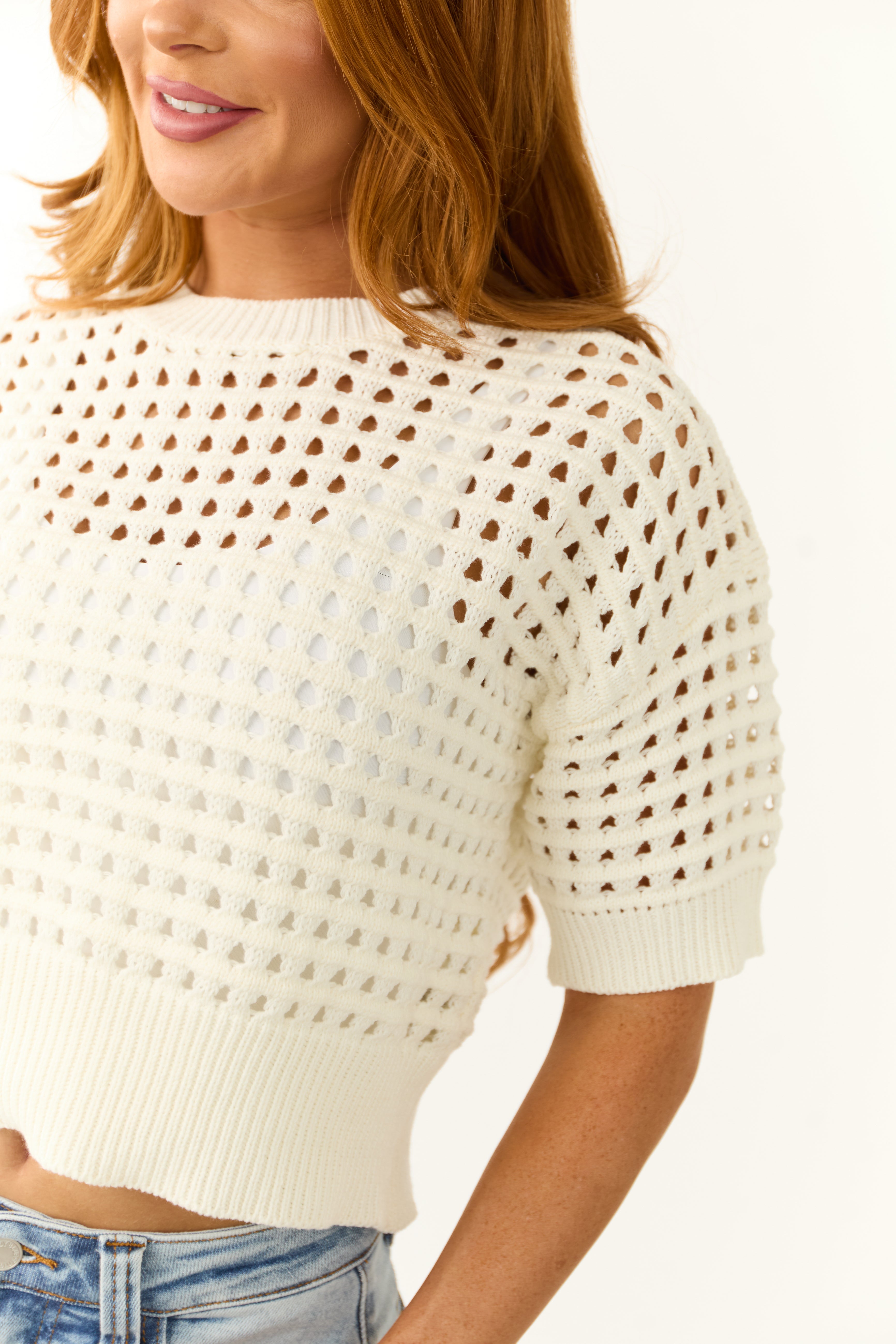 Ivory Open Crochet Half Sleeve Crop Top-Newayad