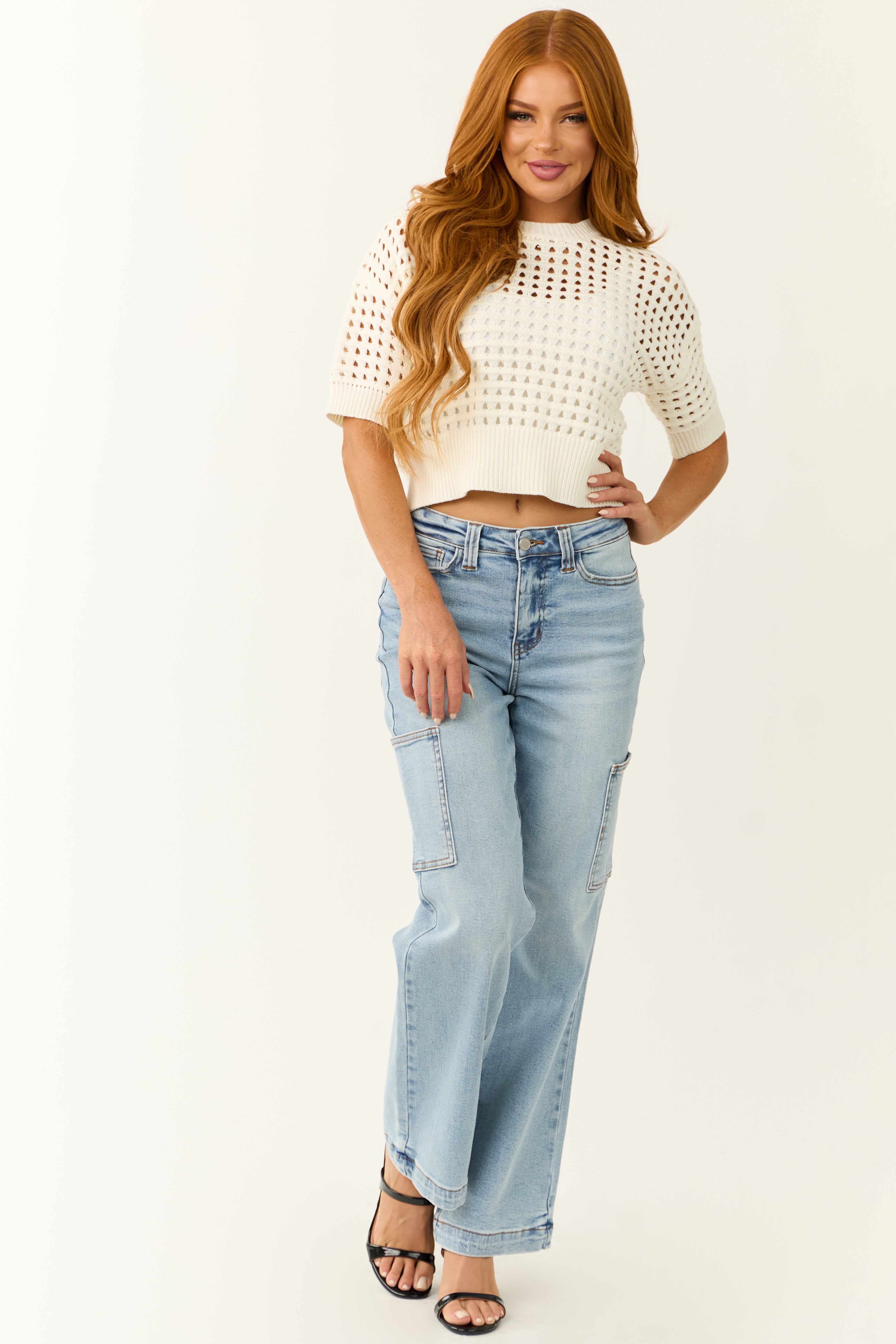 Ivory Open Crochet Half Sleeve Crop Top-Newayad