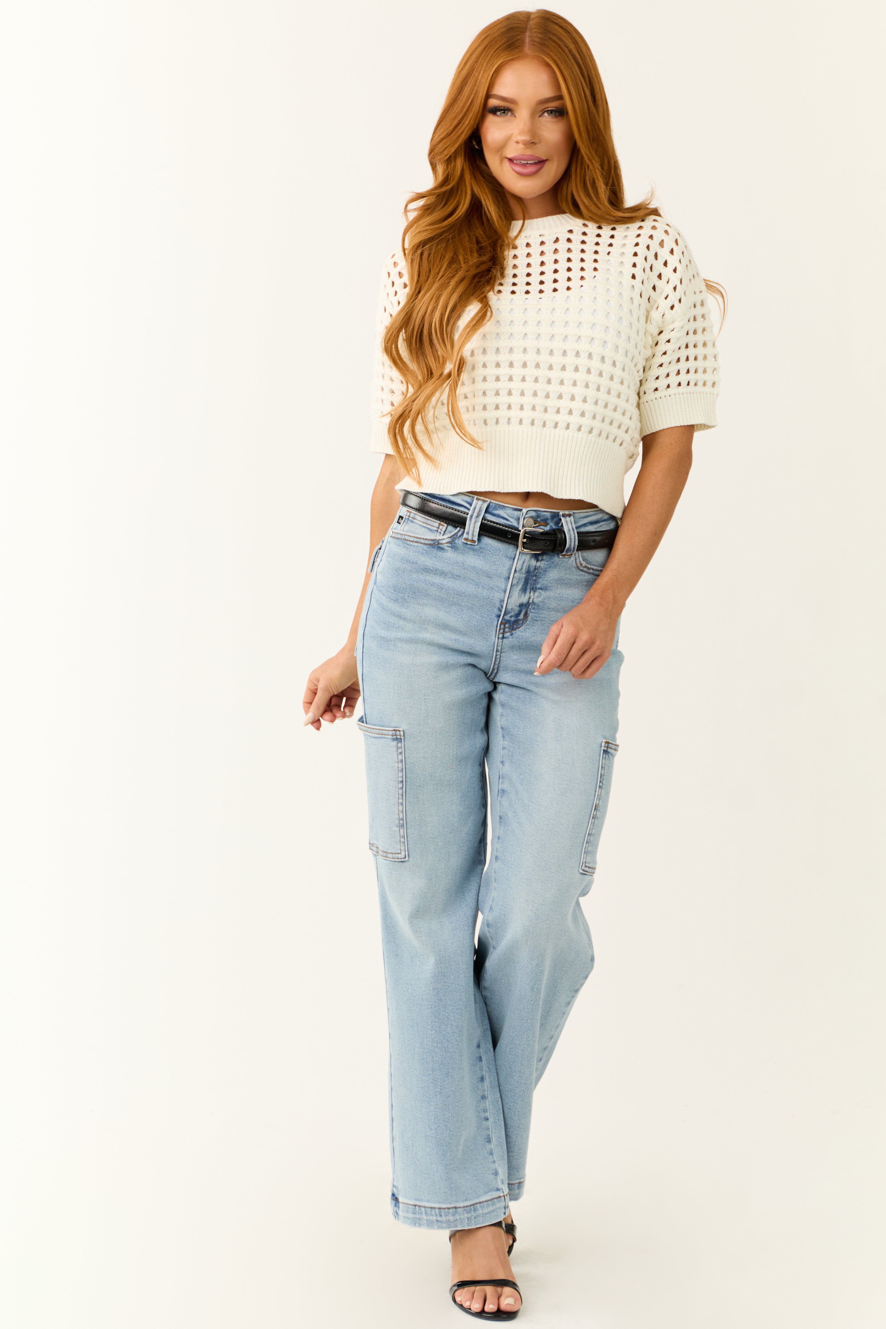 Ivory Open Crochet Half Sleeve Crop Top-Newayad