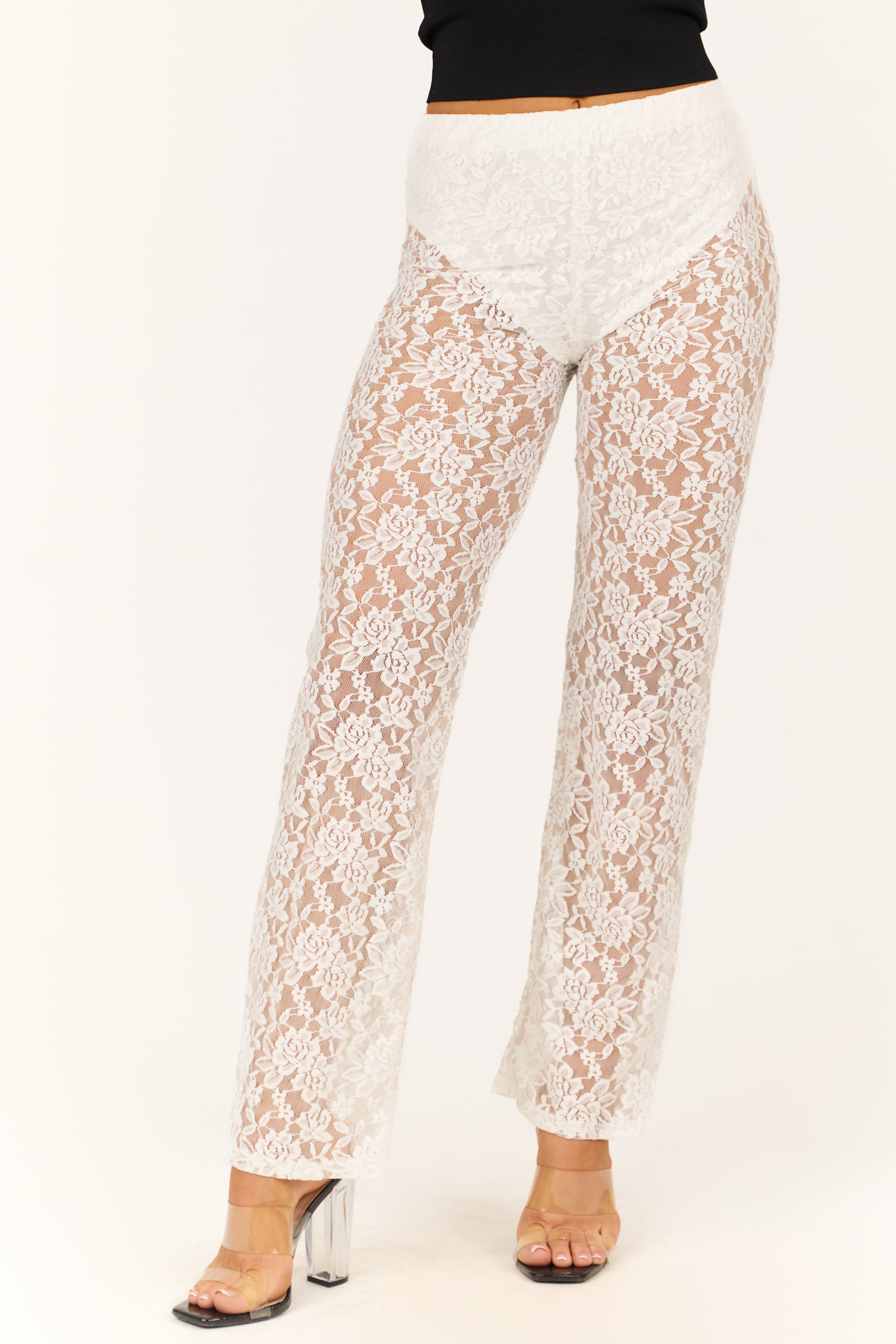 Ivory Sheer Lace High Waist Straight Leg Pants-Newayad