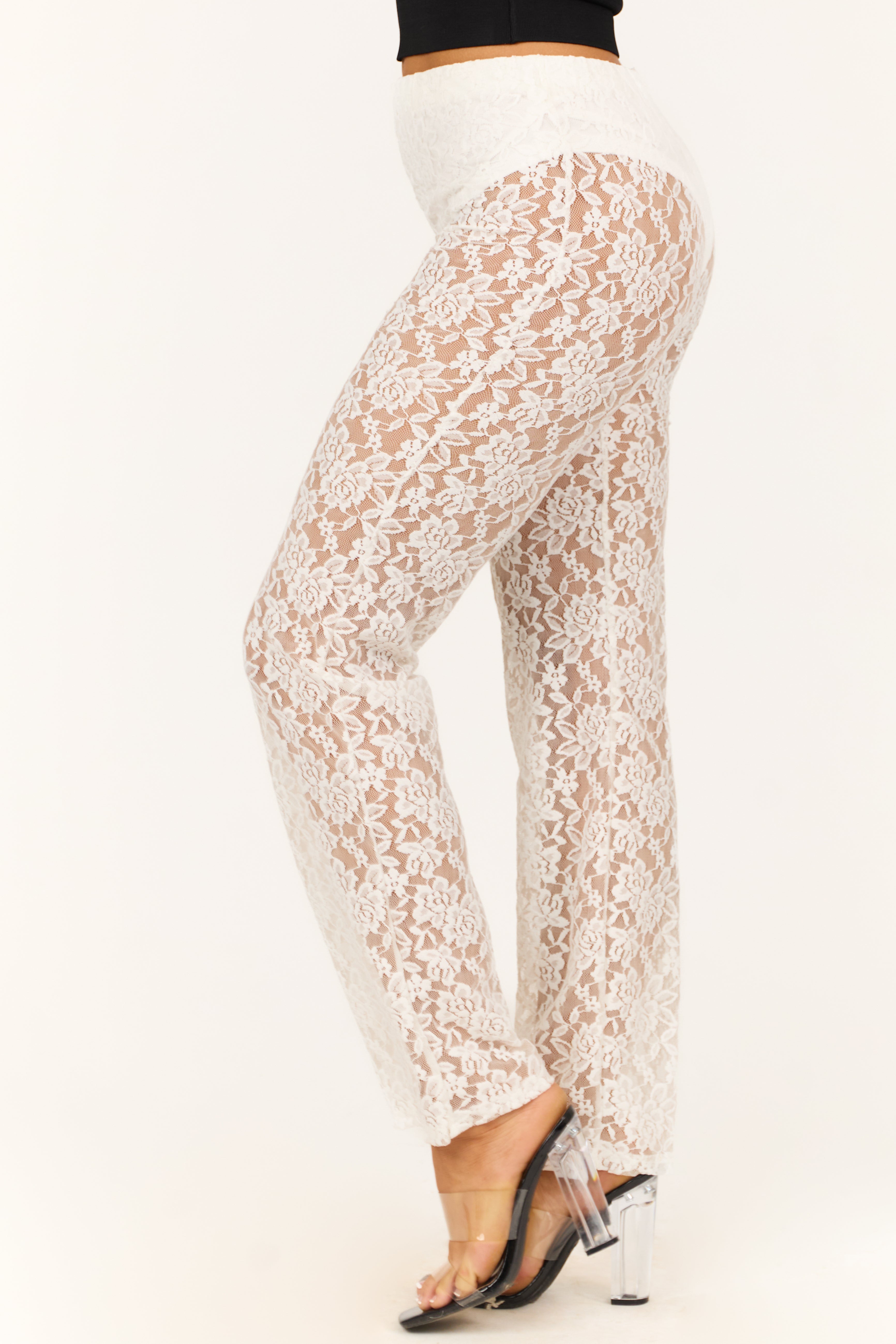Ivory Sheer Lace High Waist Straight Leg Pants-Newayad