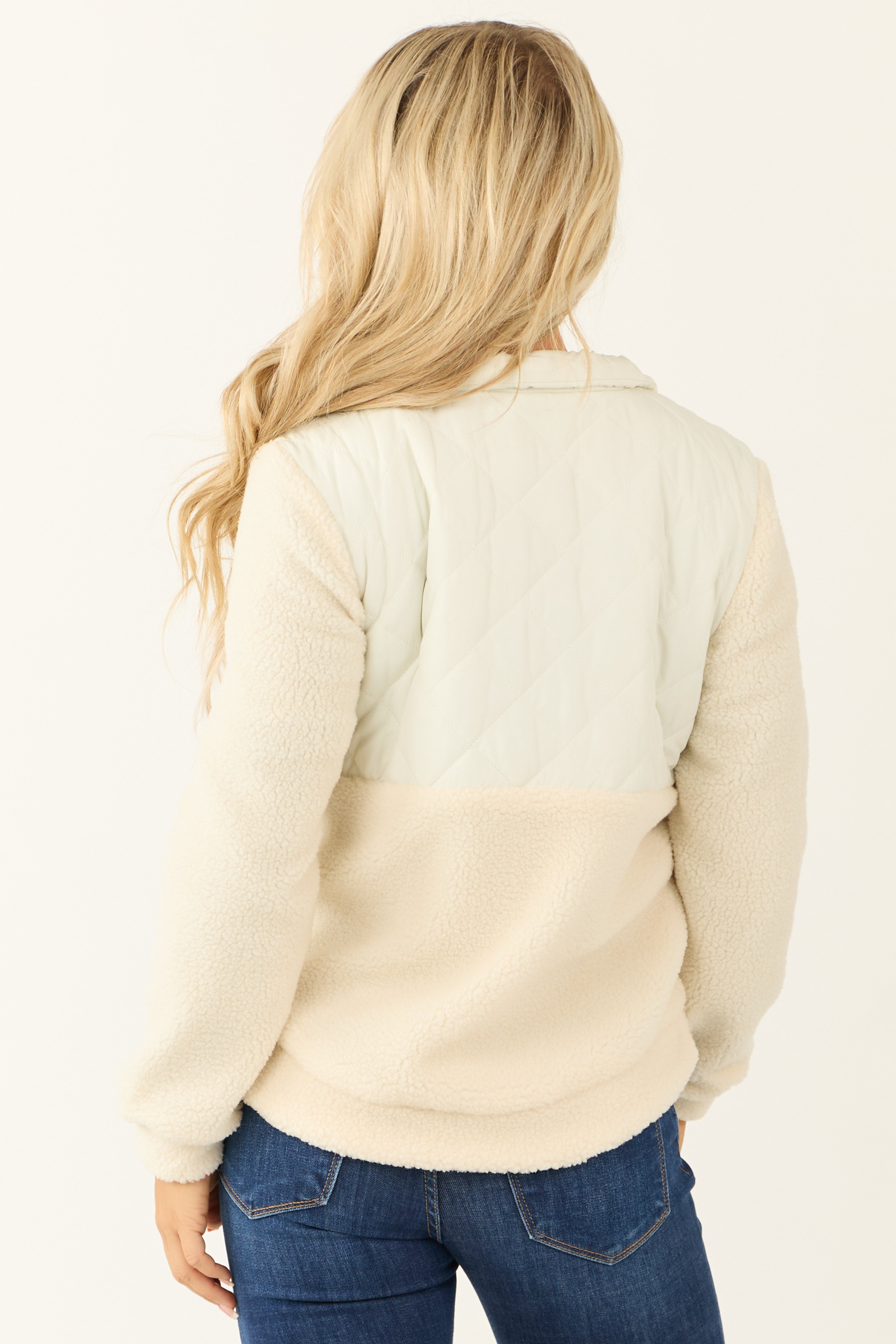 Ivory Sherpa Quilted Zip Up Mock Neck Jacket-Newayad