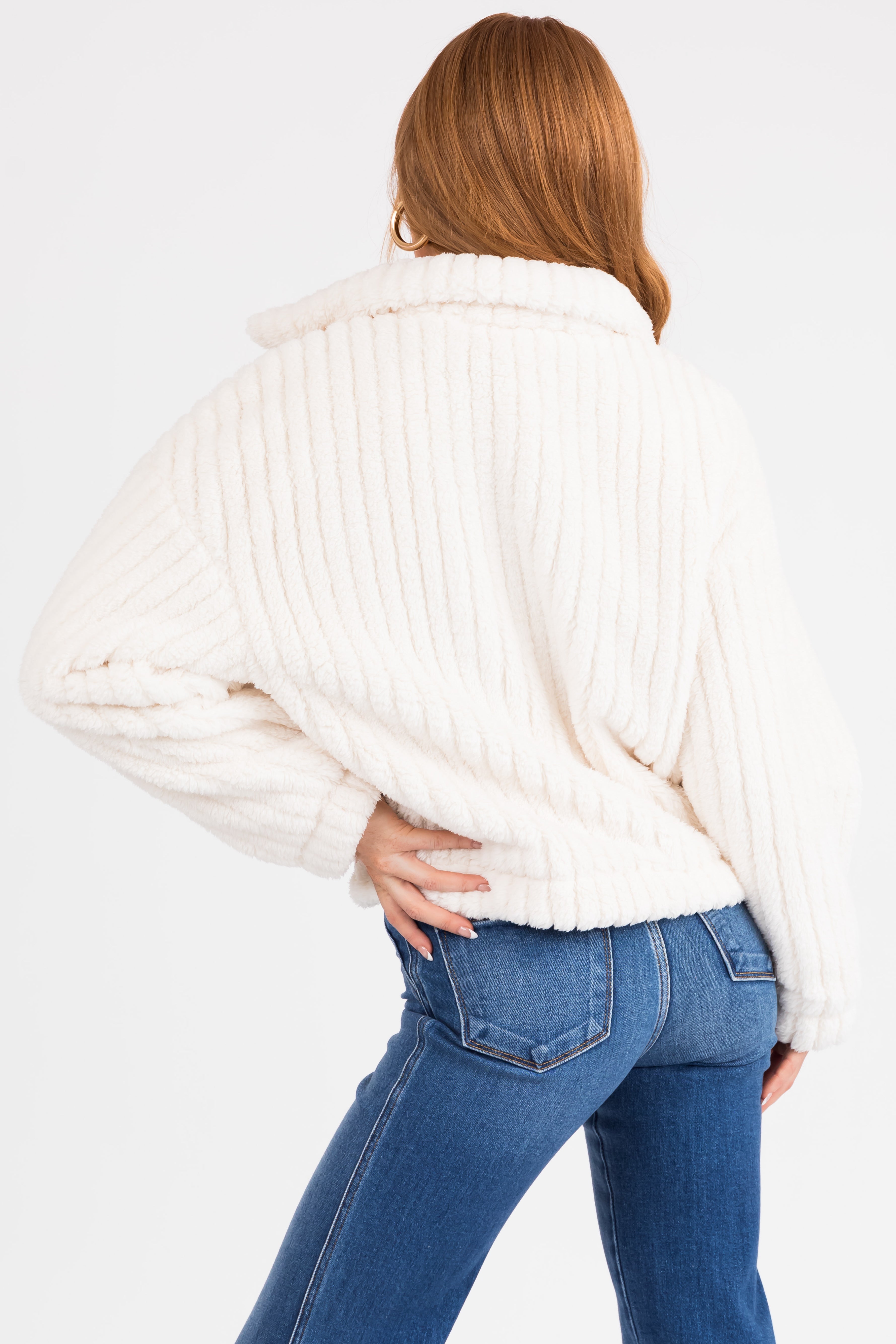 Ivory Soft Sherpa Button Down Jacket-Newayad