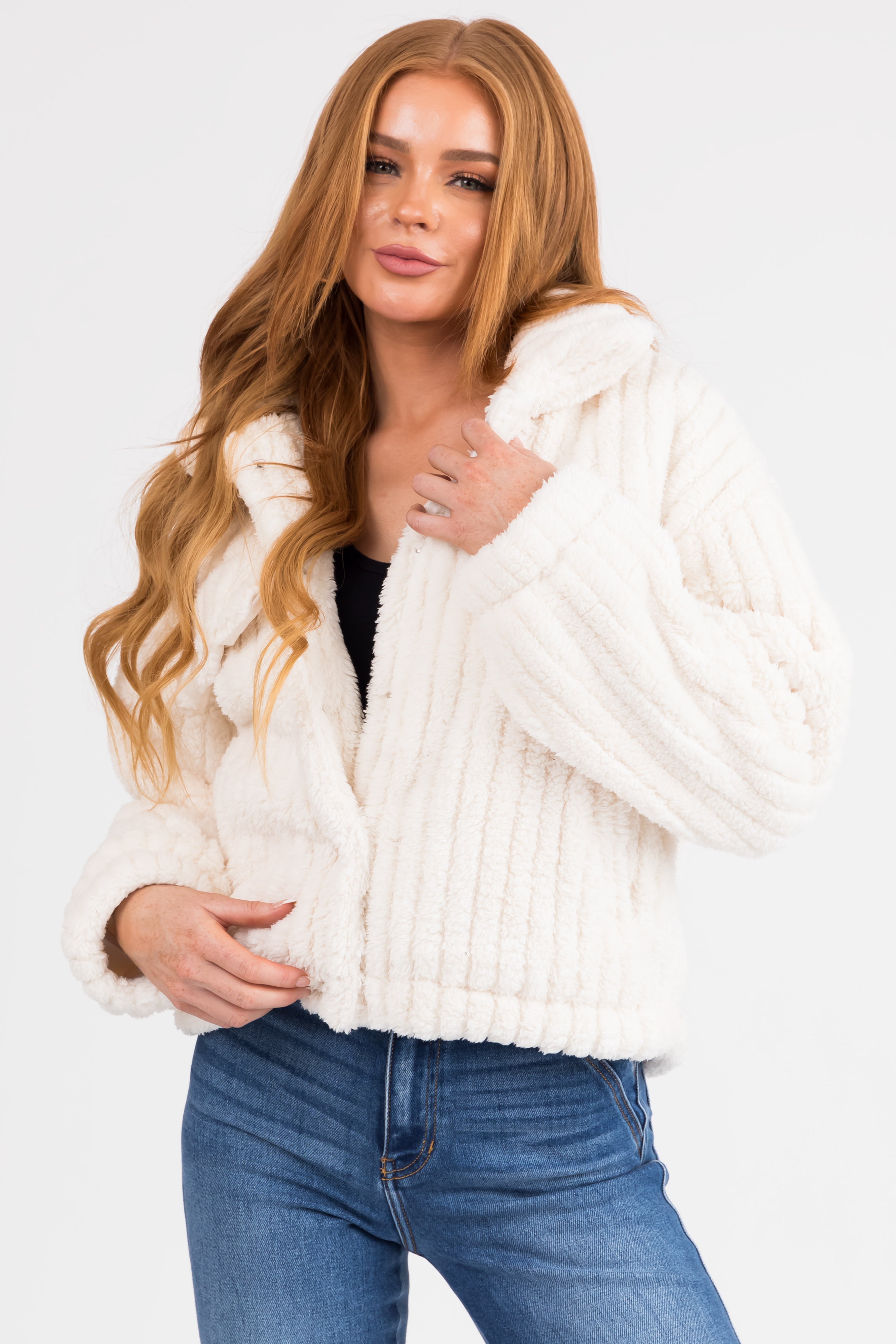 Ivory Soft Sherpa Button Down Jacket-Newayad