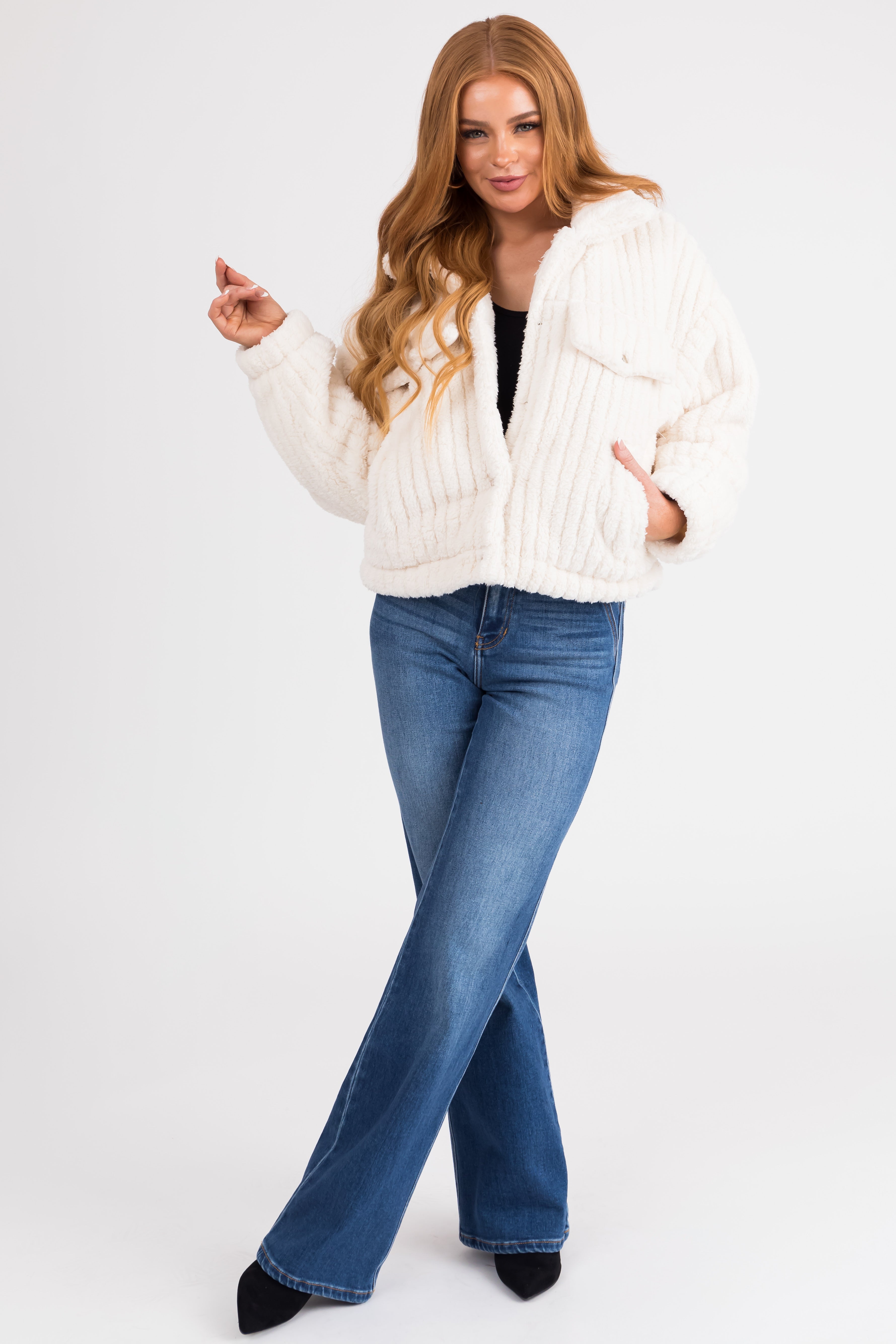Ivory Soft Sherpa Button Down Jacket-Newayad
