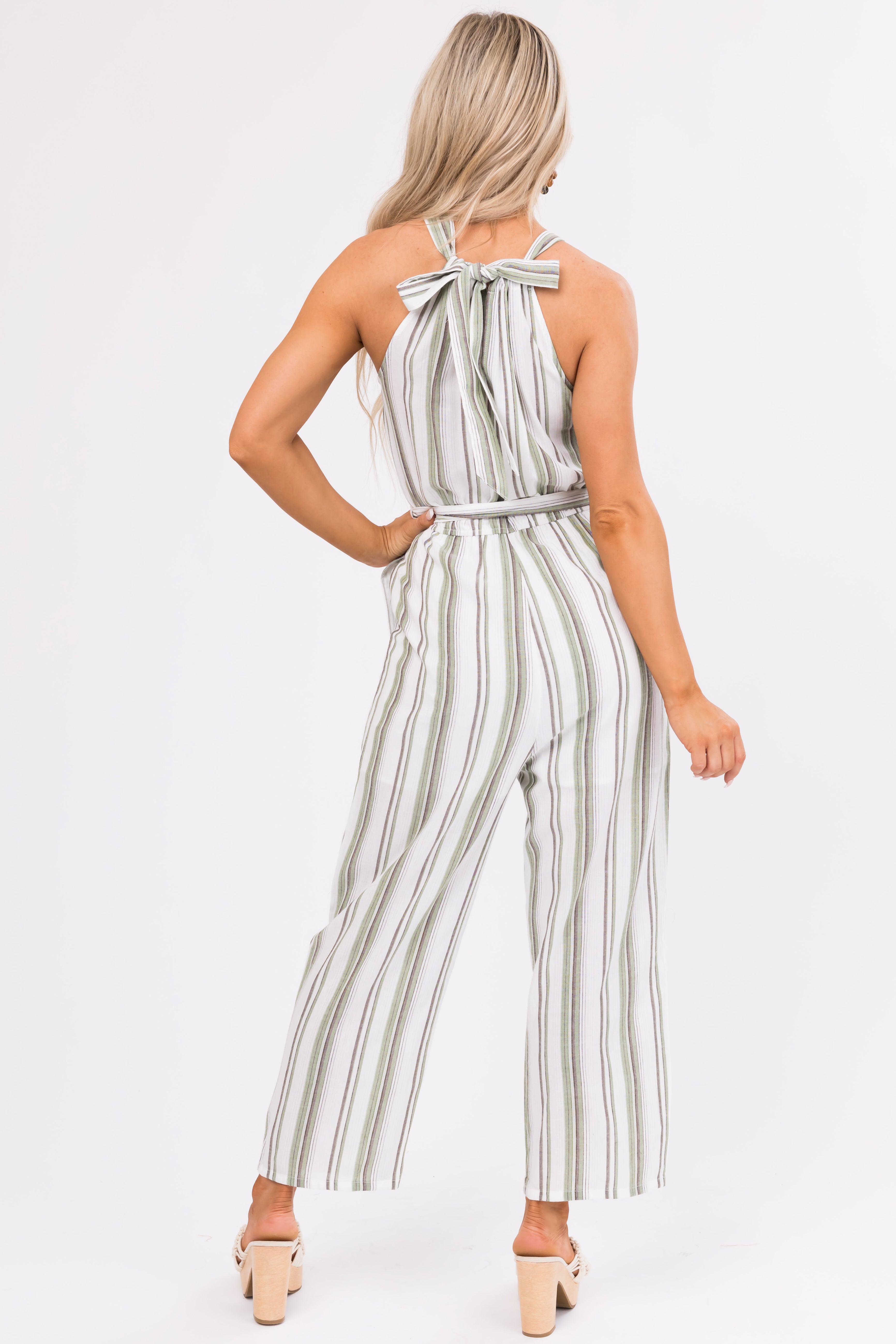 Ivory Striped Sleeveless Waist Tie Jumpsuit-Newayad