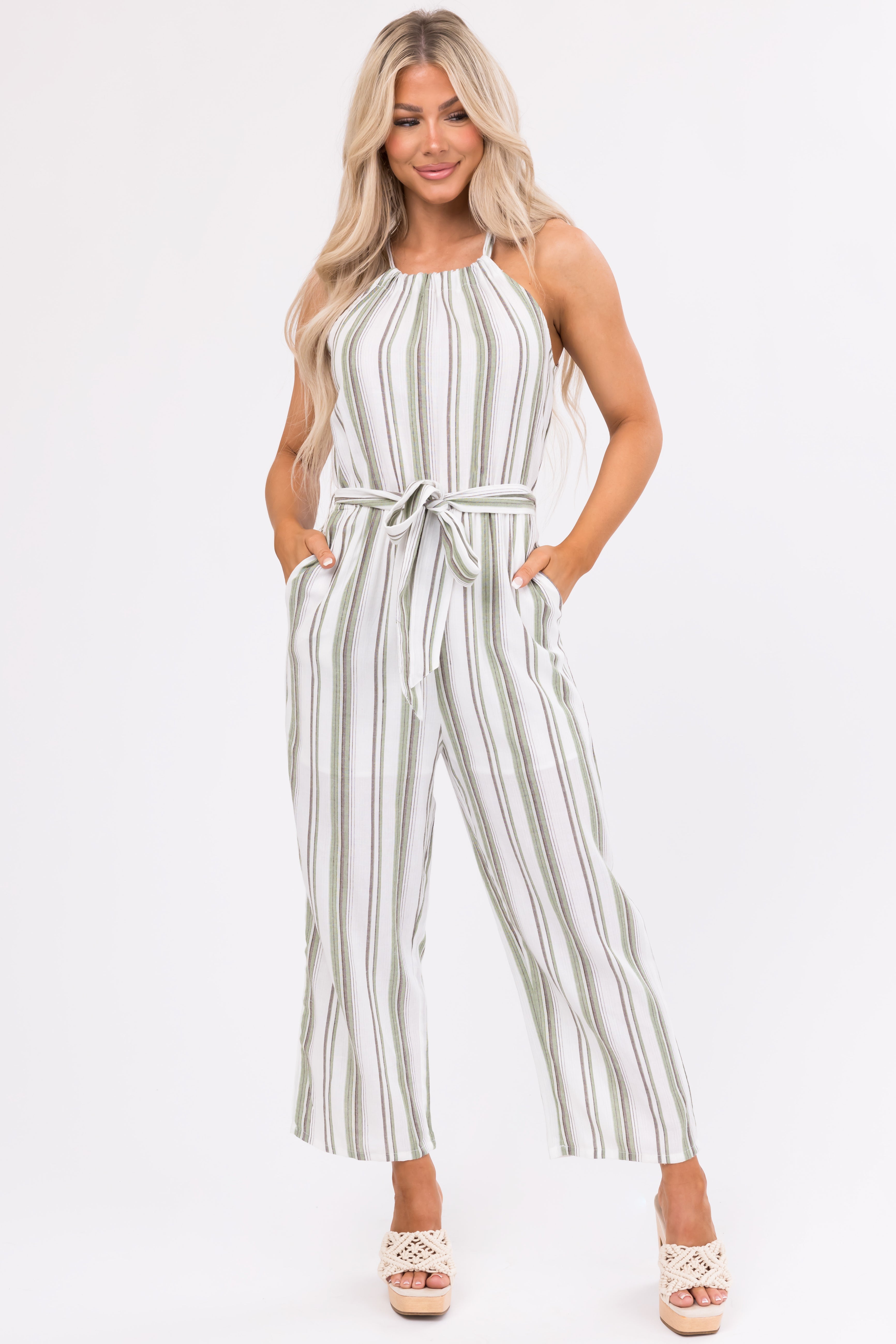 Ivory Striped Sleeveless Waist Tie Jumpsuit-Newayad