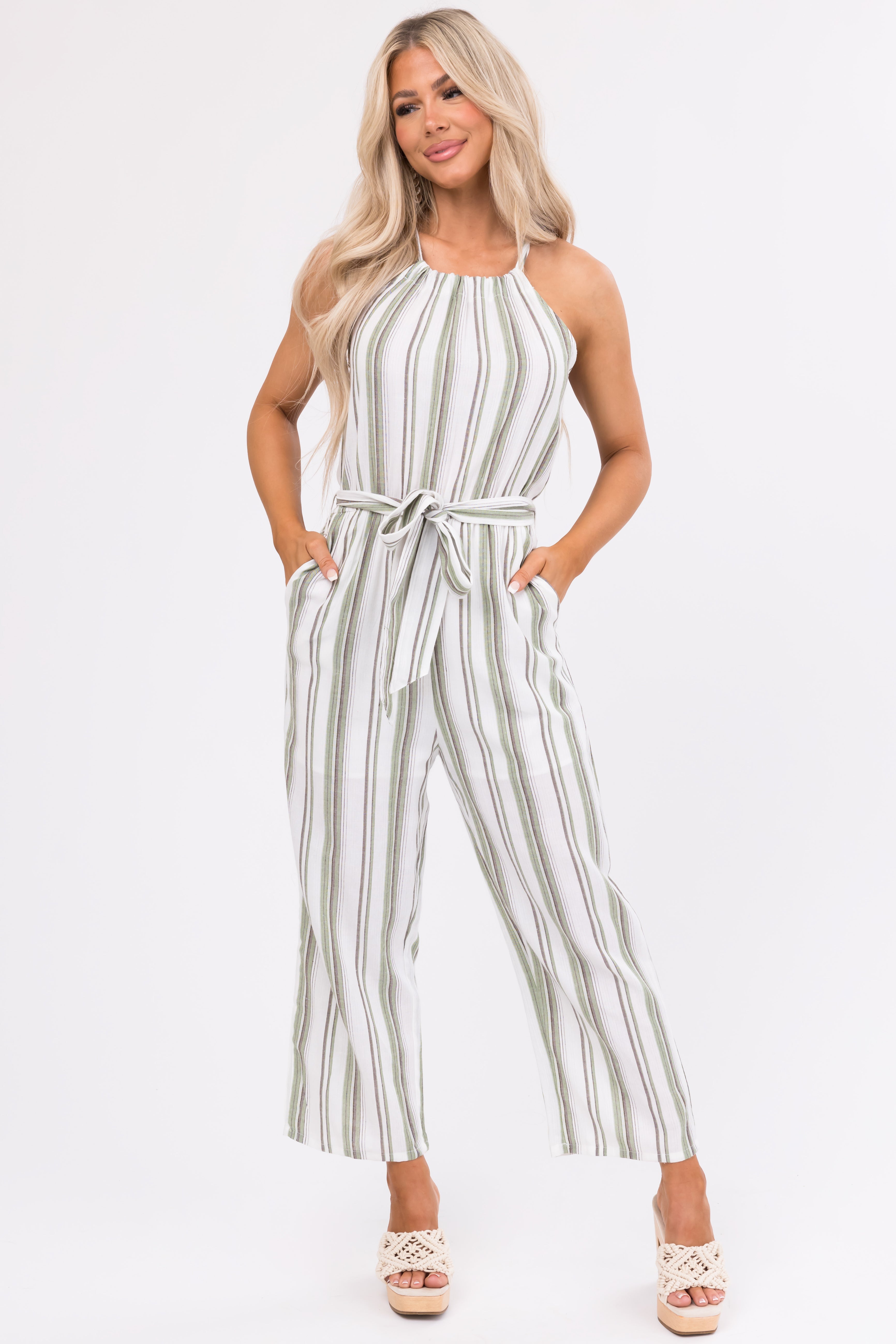 Ivory Striped Sleeveless Waist Tie Jumpsuit-Newayad
