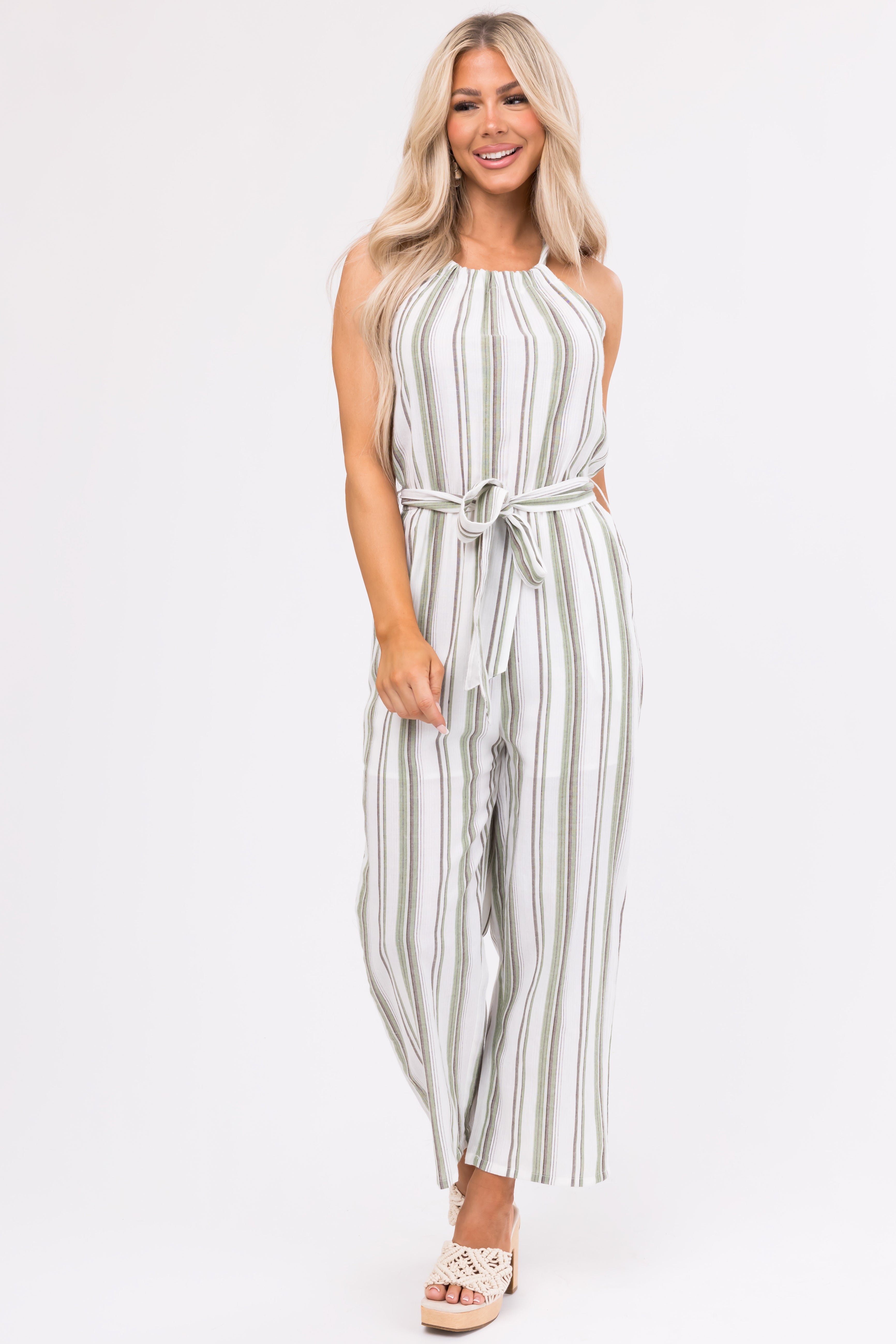 Ivory Striped Sleeveless Waist Tie Jumpsuit-Newayad