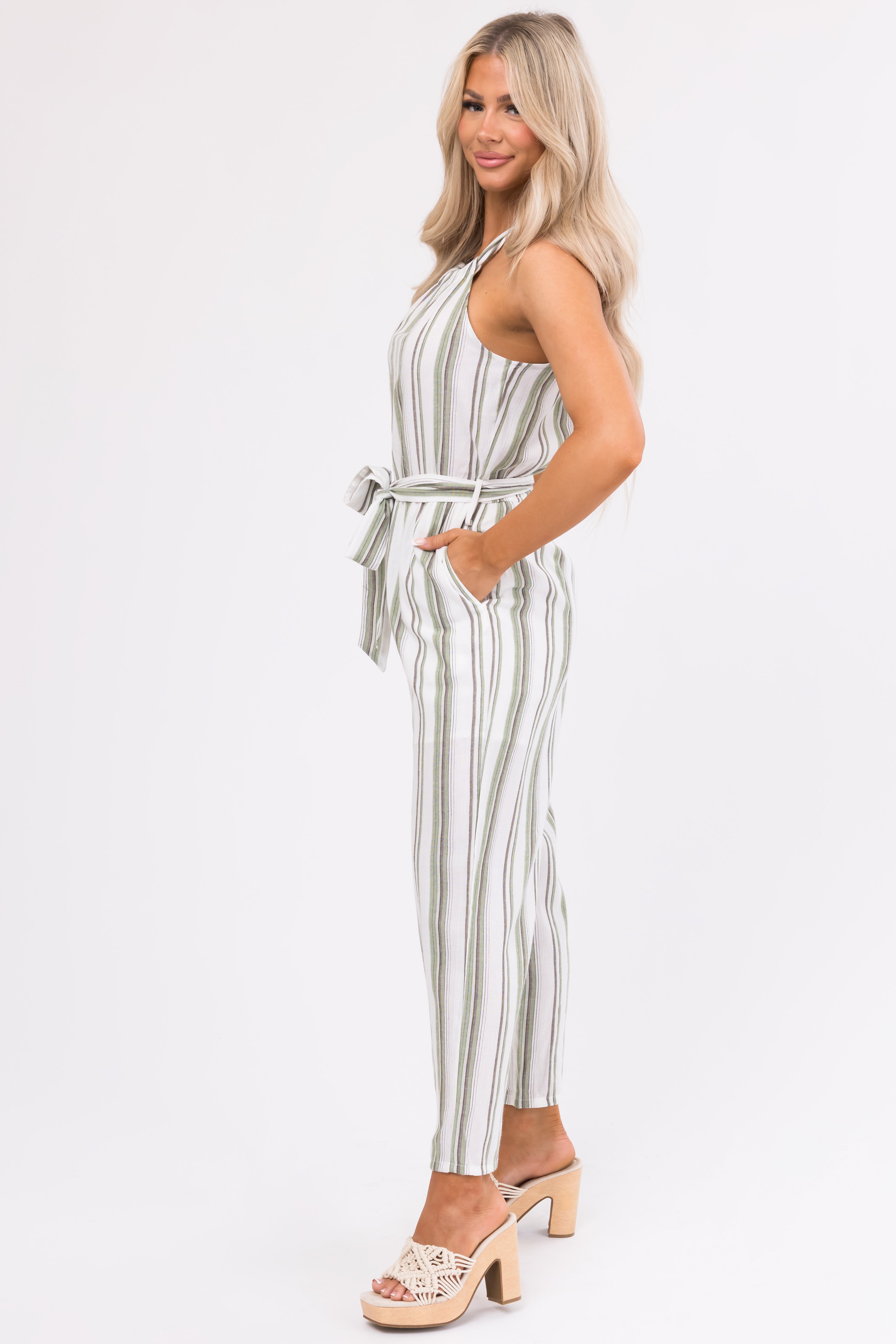 Ivory Striped Sleeveless Waist Tie Jumpsuit-Newayad