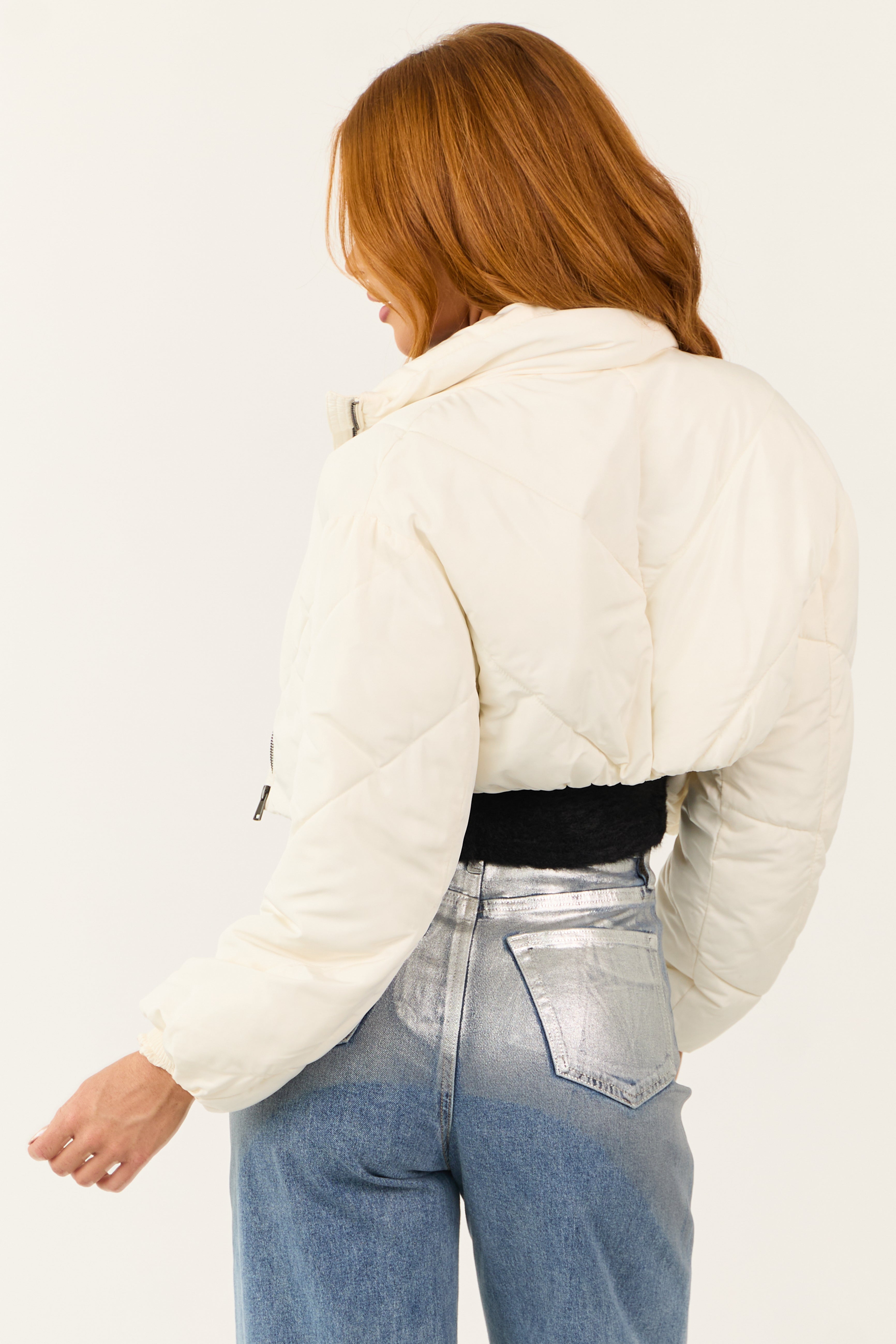 Ivory Super Cropped Zip Up Puffer Jacket-Newayad