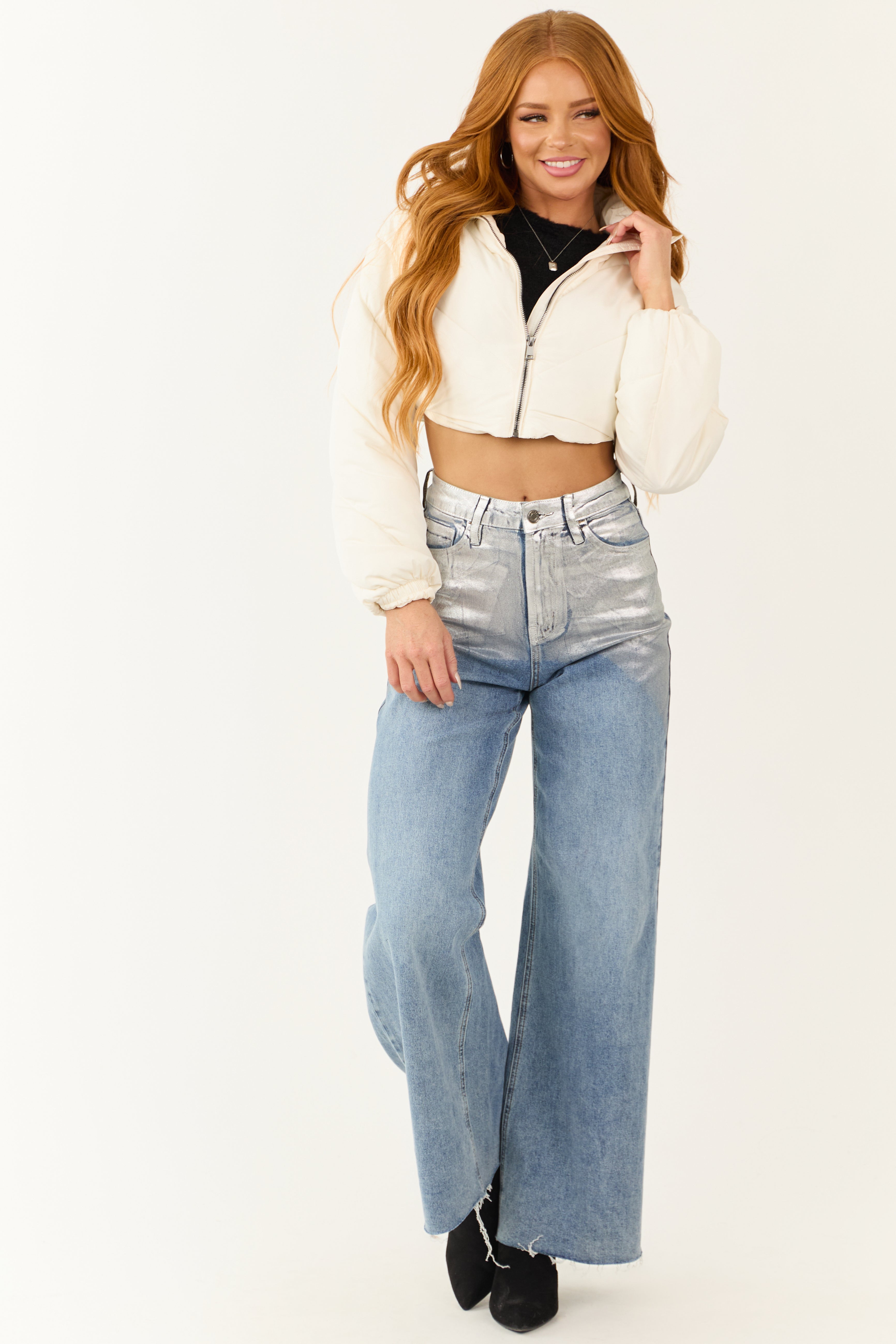 Ivory Super Cropped Zip Up Puffer Jacket-Newayad