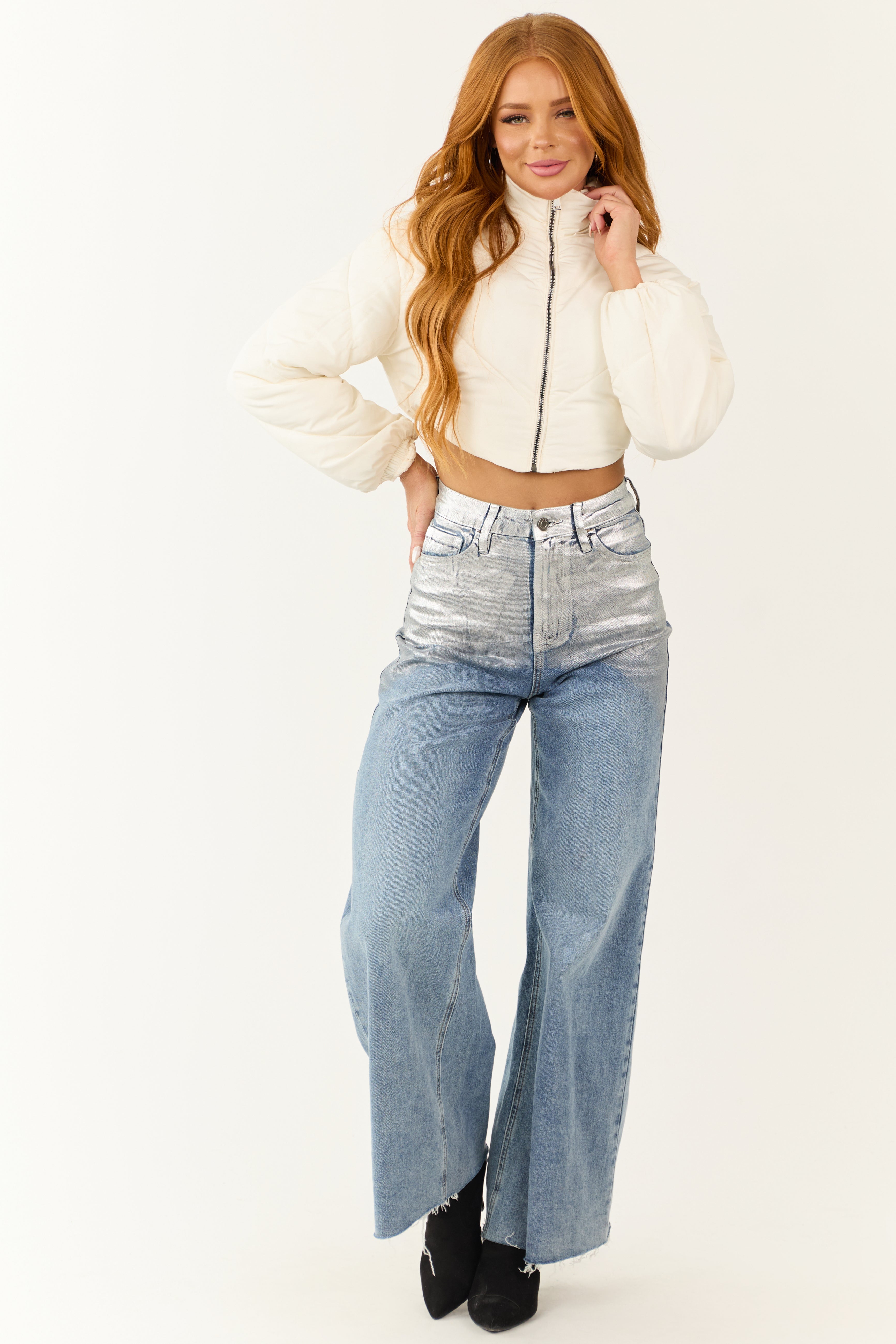 Ivory Super Cropped Zip Up Puffer Jacket-Newayad