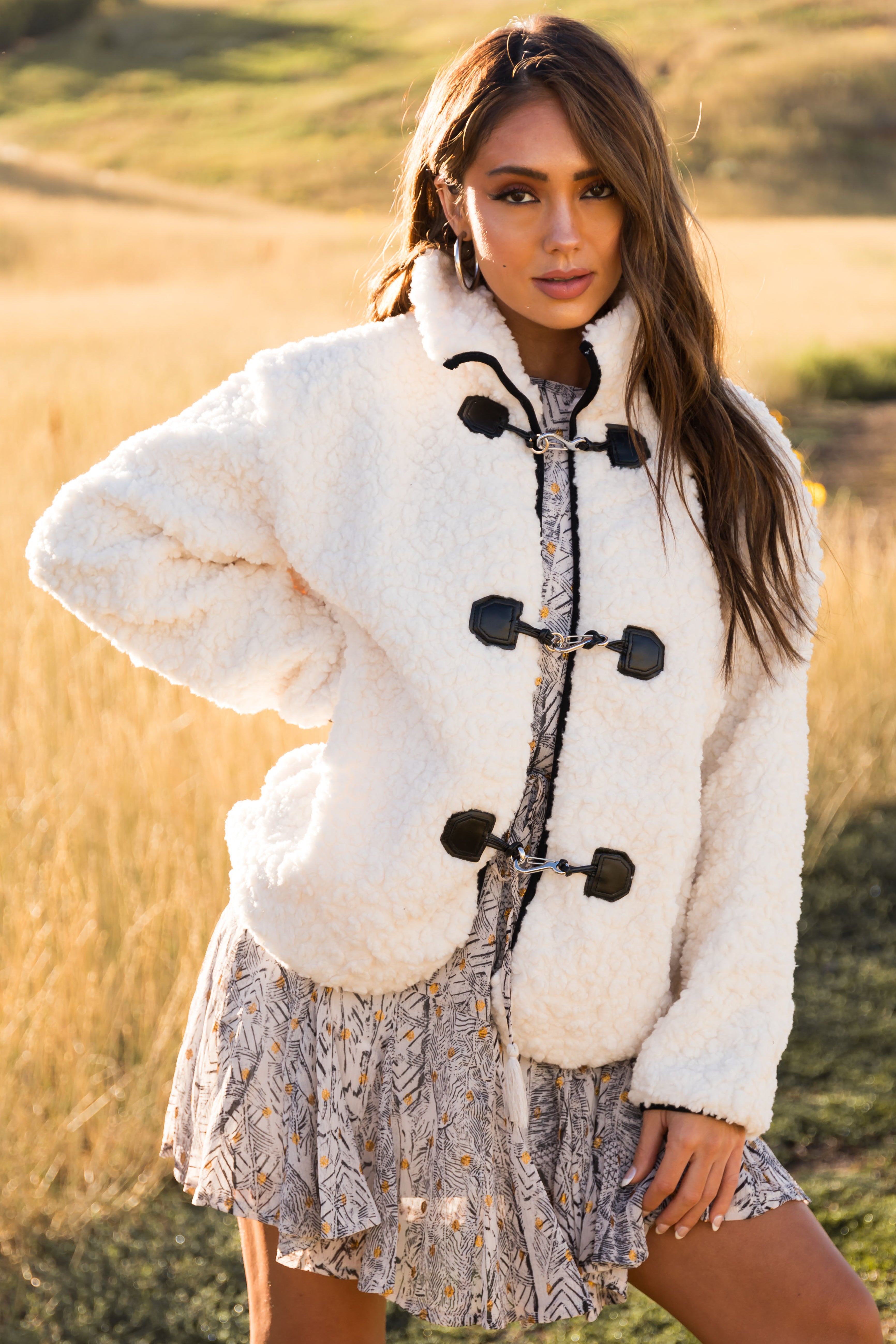 Ivory Toggle Clasp Sherpa Jacket-Newayad