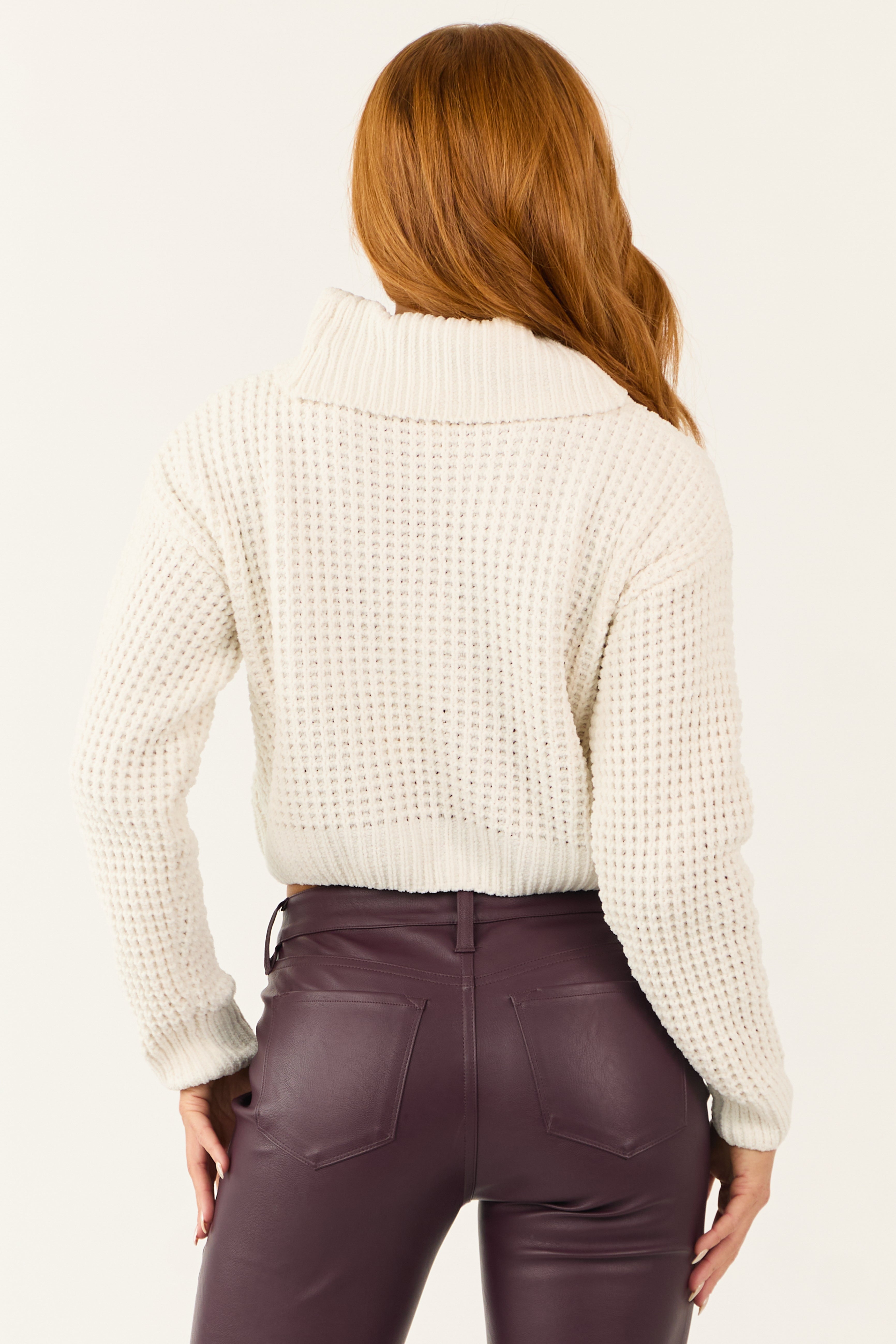 Ivory Turtleneck Chenille Cropped Sweater-Newayad