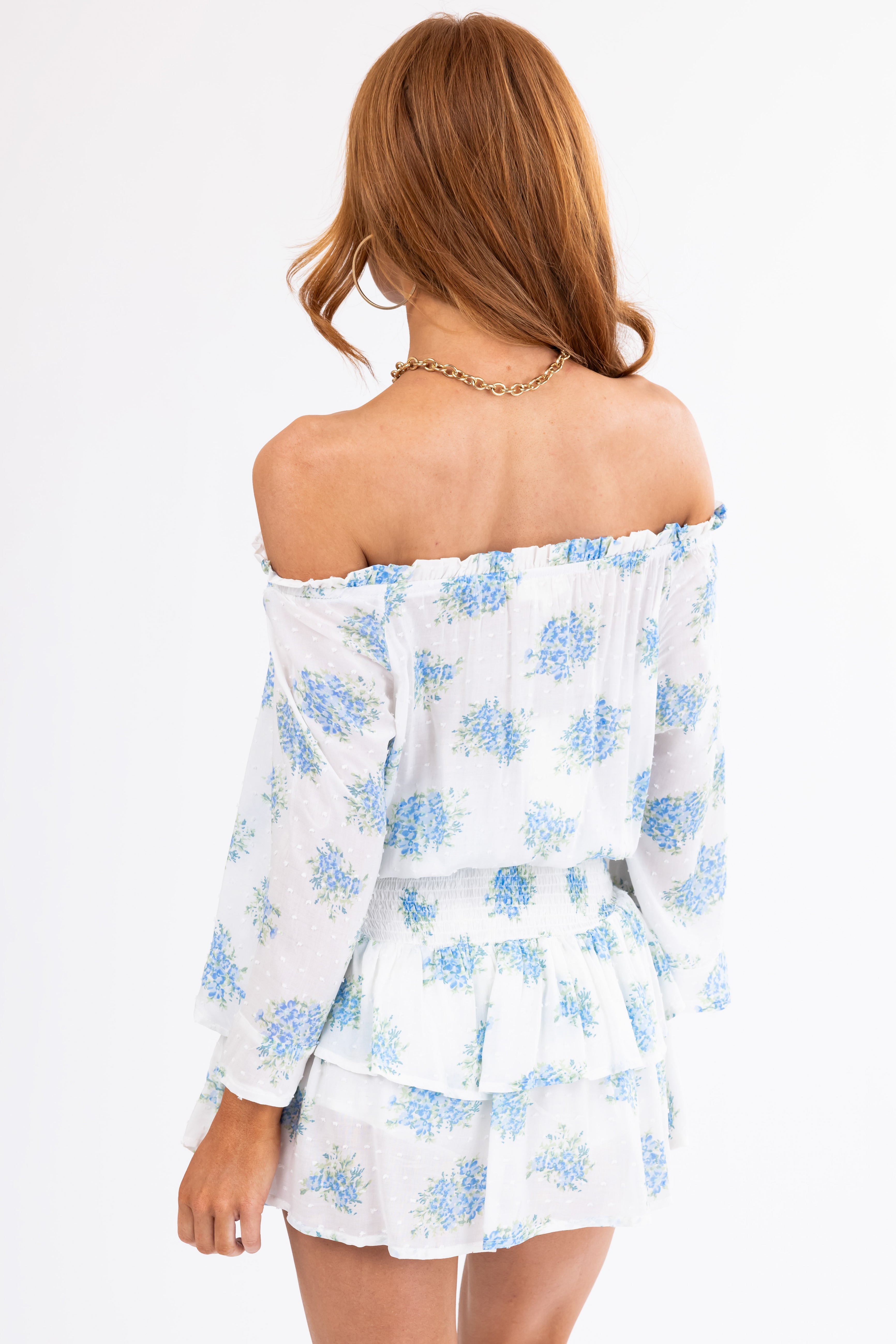 Ivory and Sapphire Floral Off Shoulder Romper-Newayad
