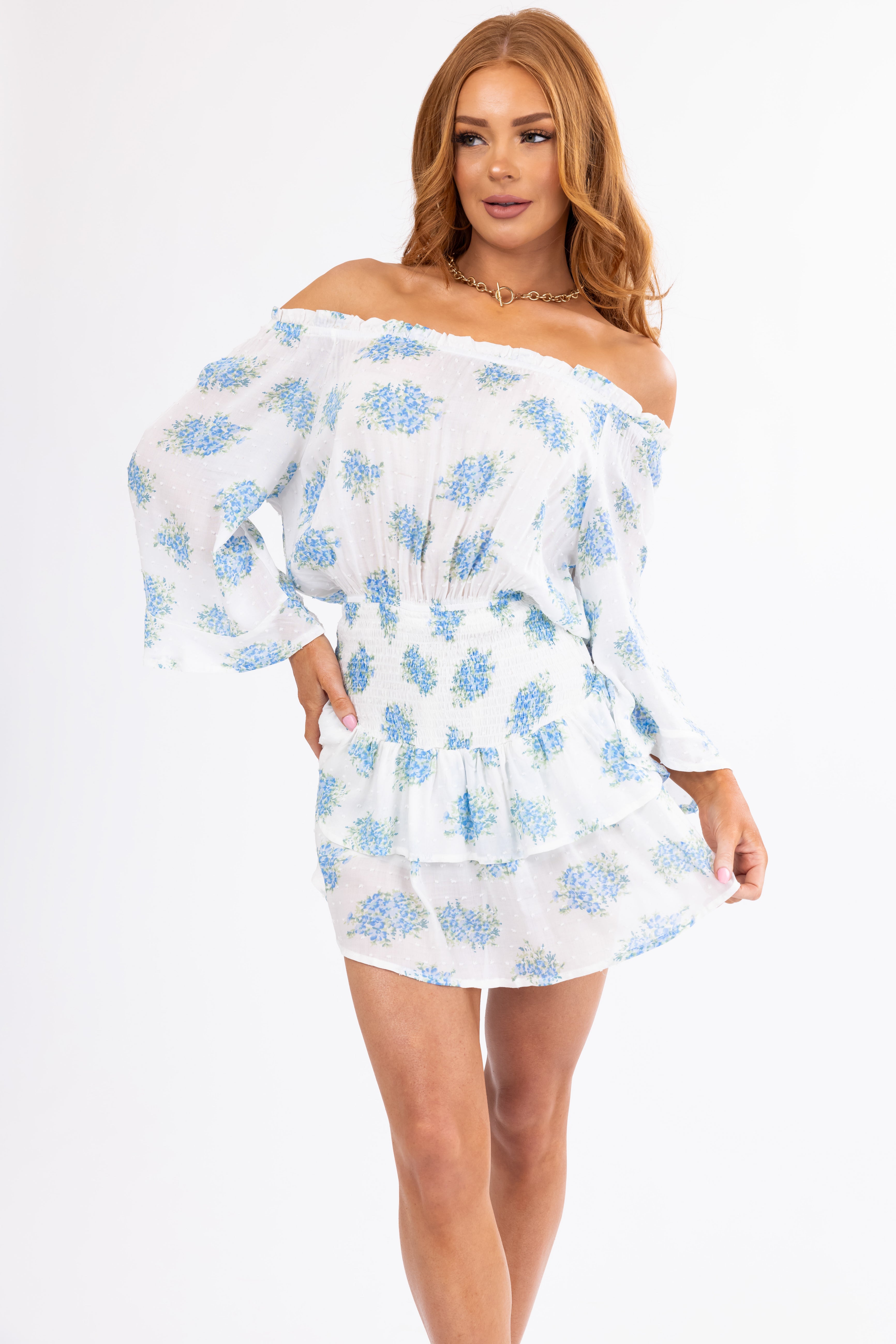 Ivory and Sapphire Floral Off Shoulder Romper-Newayad