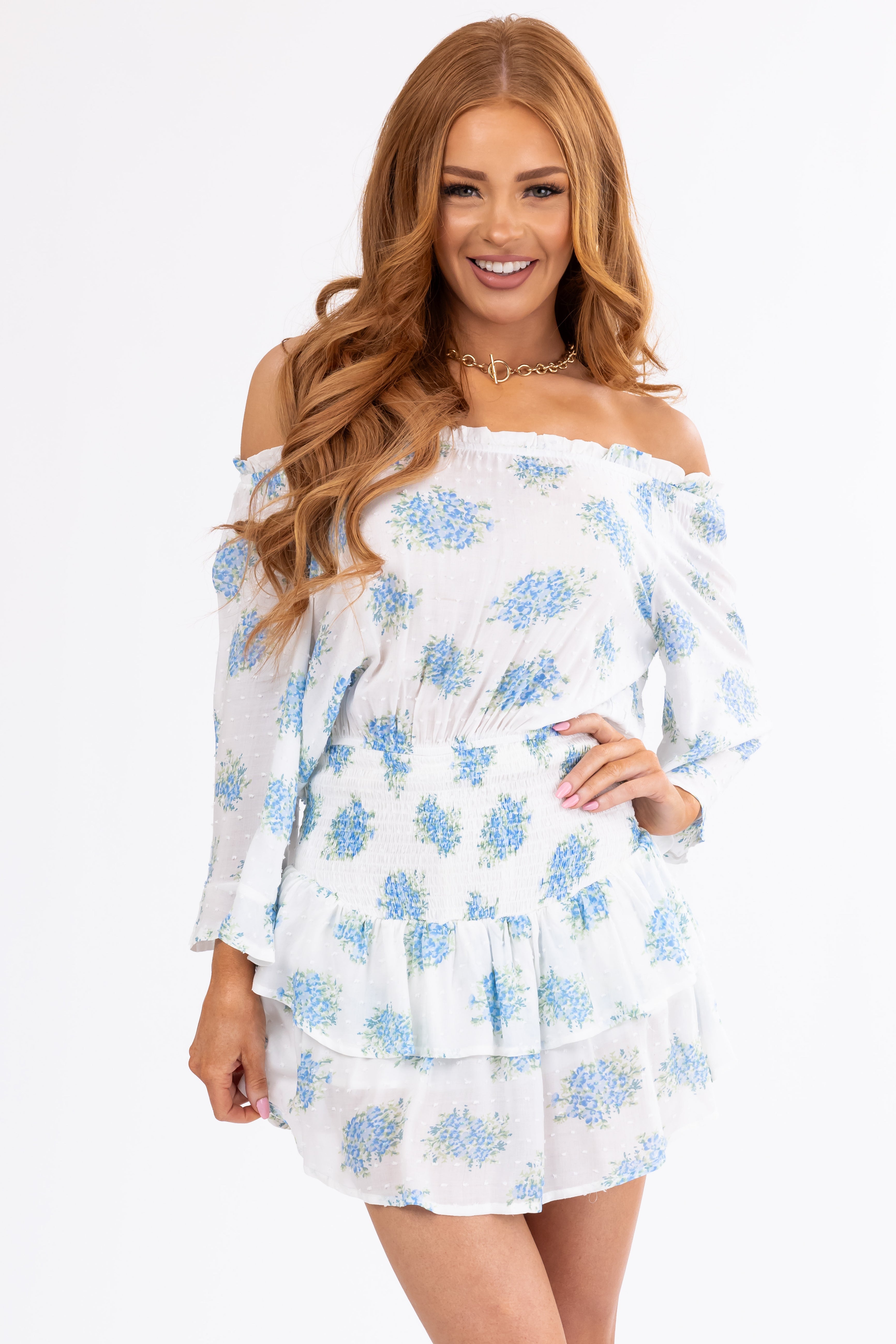 Ivory and Sapphire Floral Off Shoulder Romper-Newayad