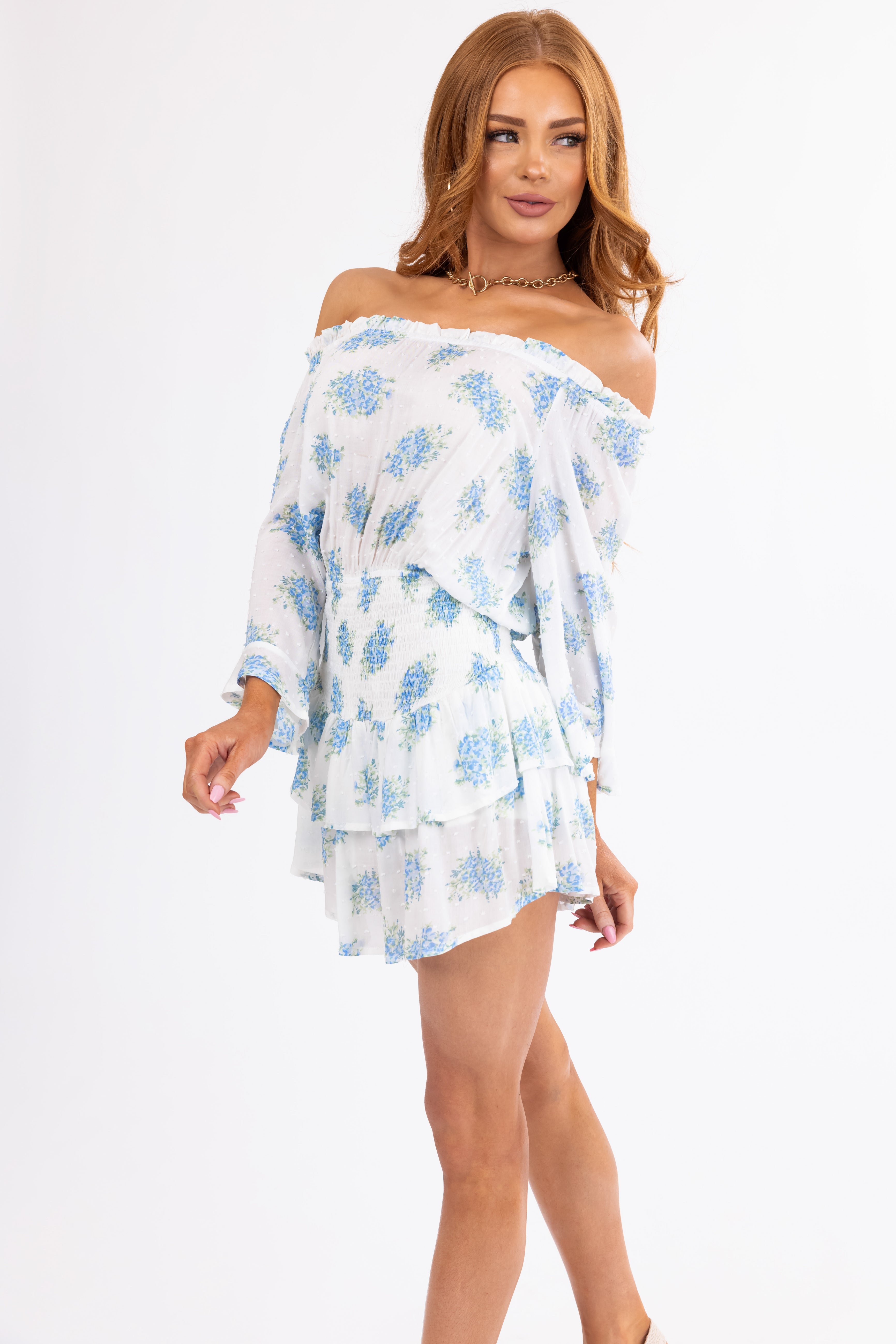 Ivory and Sapphire Floral Off Shoulder Romper-Newayad