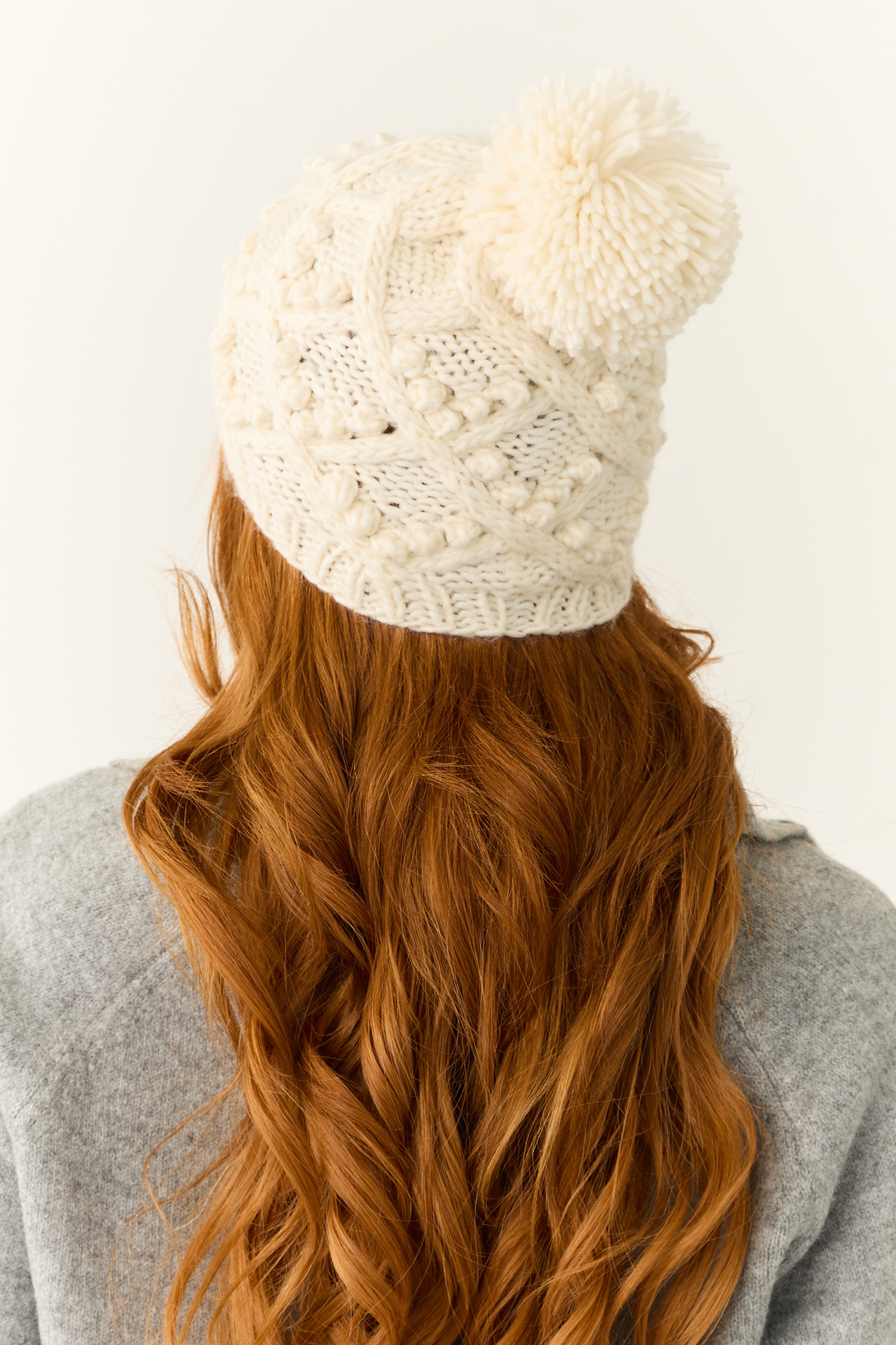 Ivory Cable Knit Pom Pom Beanie-Newayad