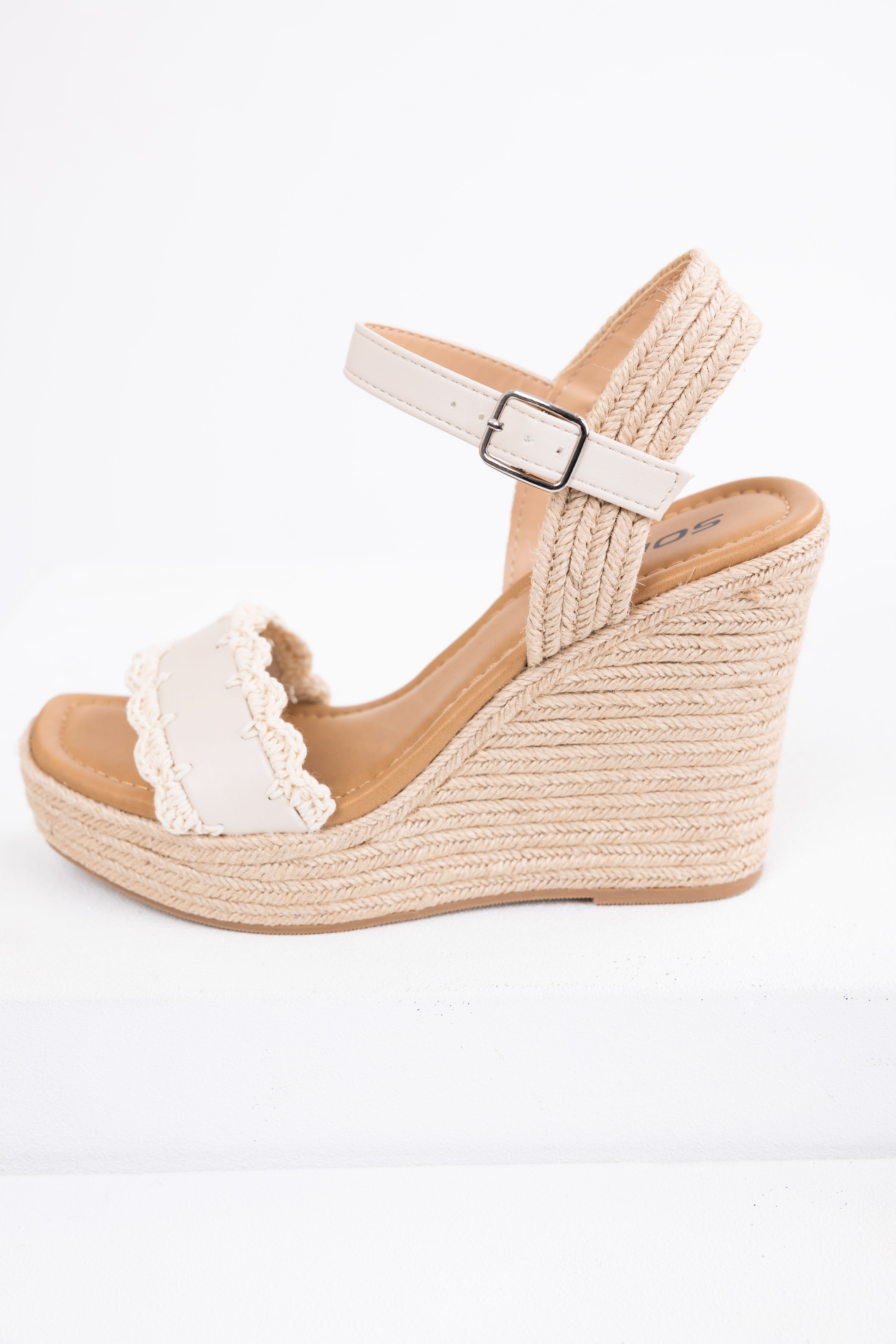 Ivory Crochet Trim Strap Espadrille Wedges-Newayad
