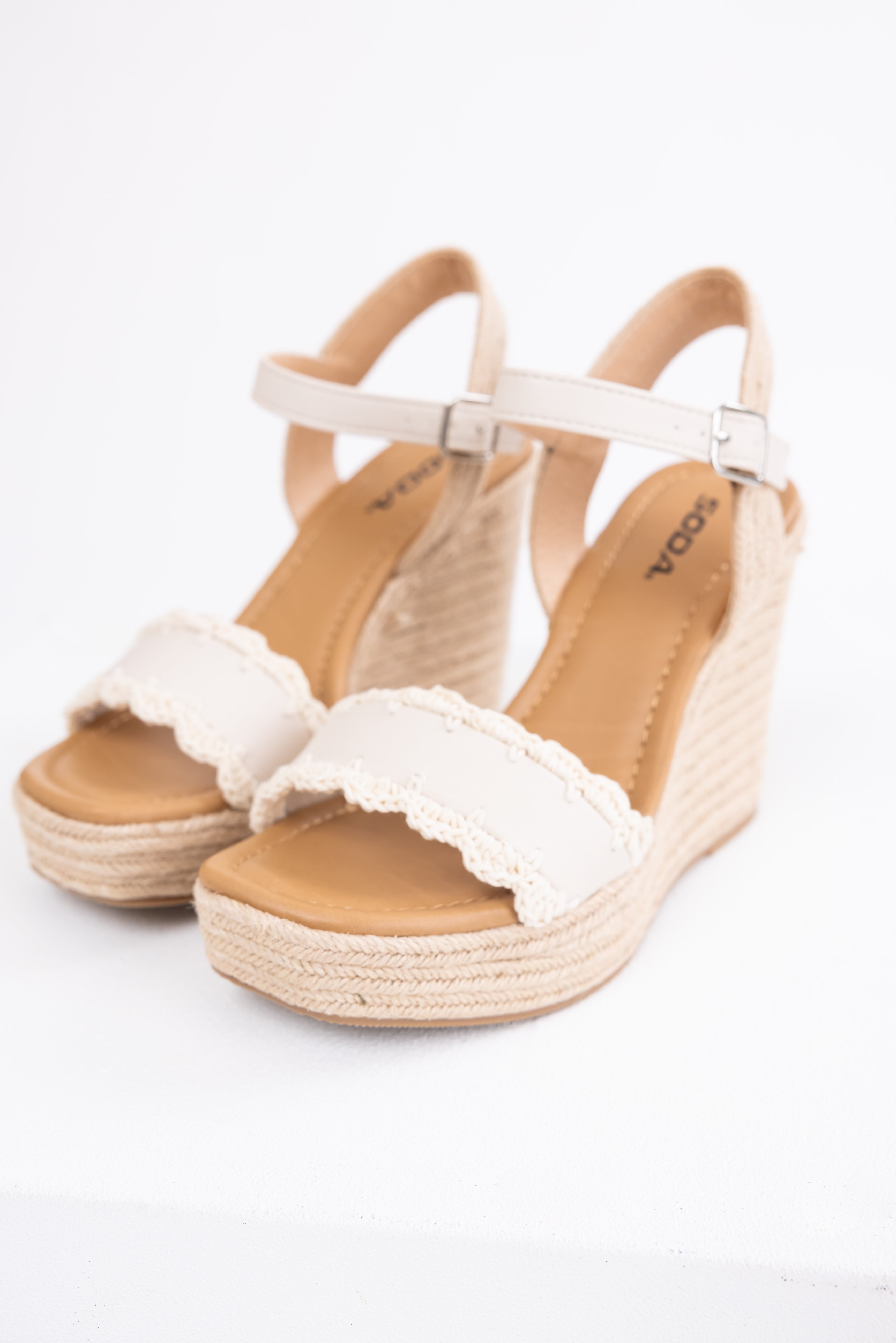 Ivory Crochet Trim Strap Espadrille Wedges-Newayad