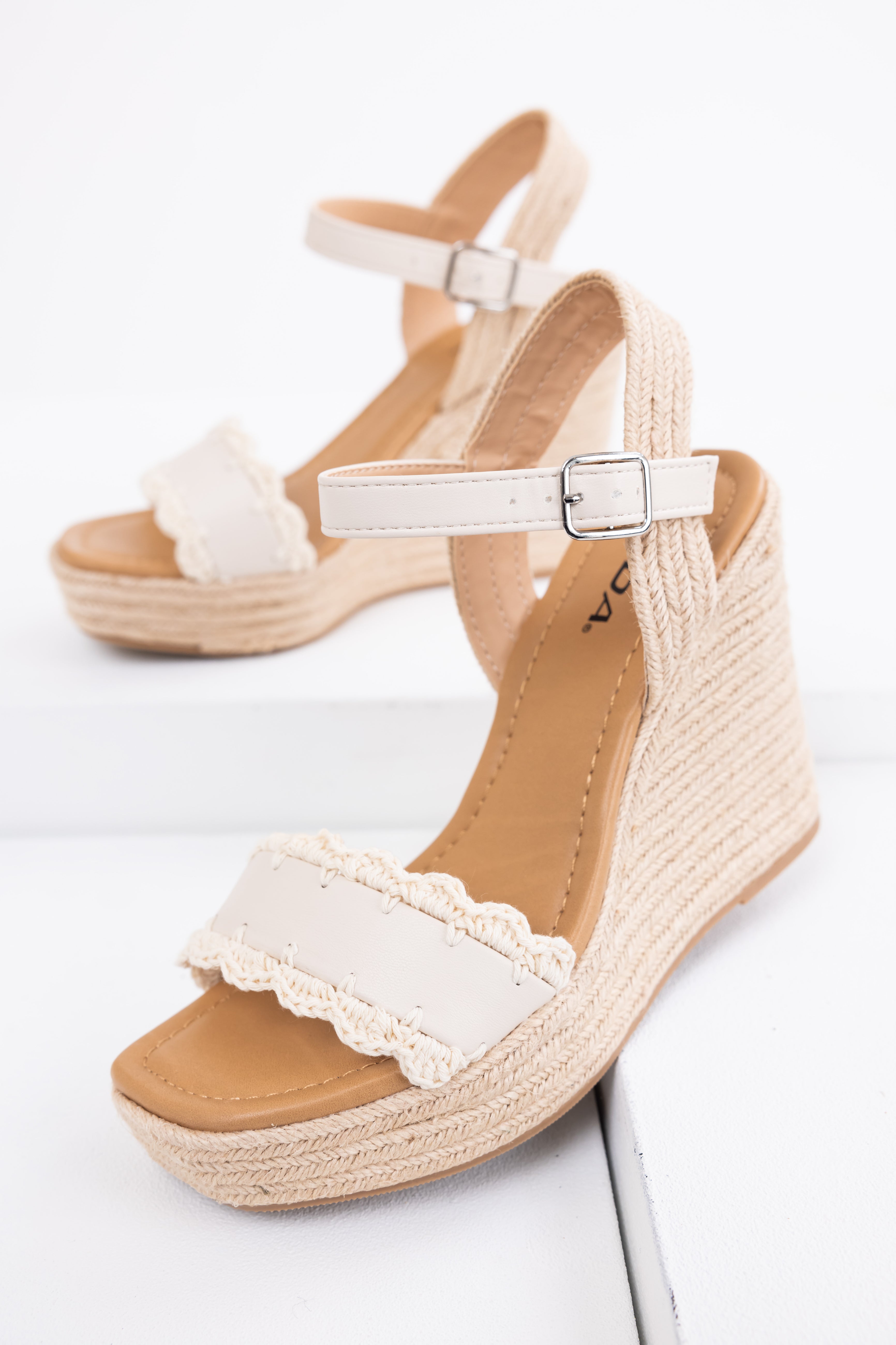 Ivory Crochet Trim Strap Espadrille Wedges-Newayad