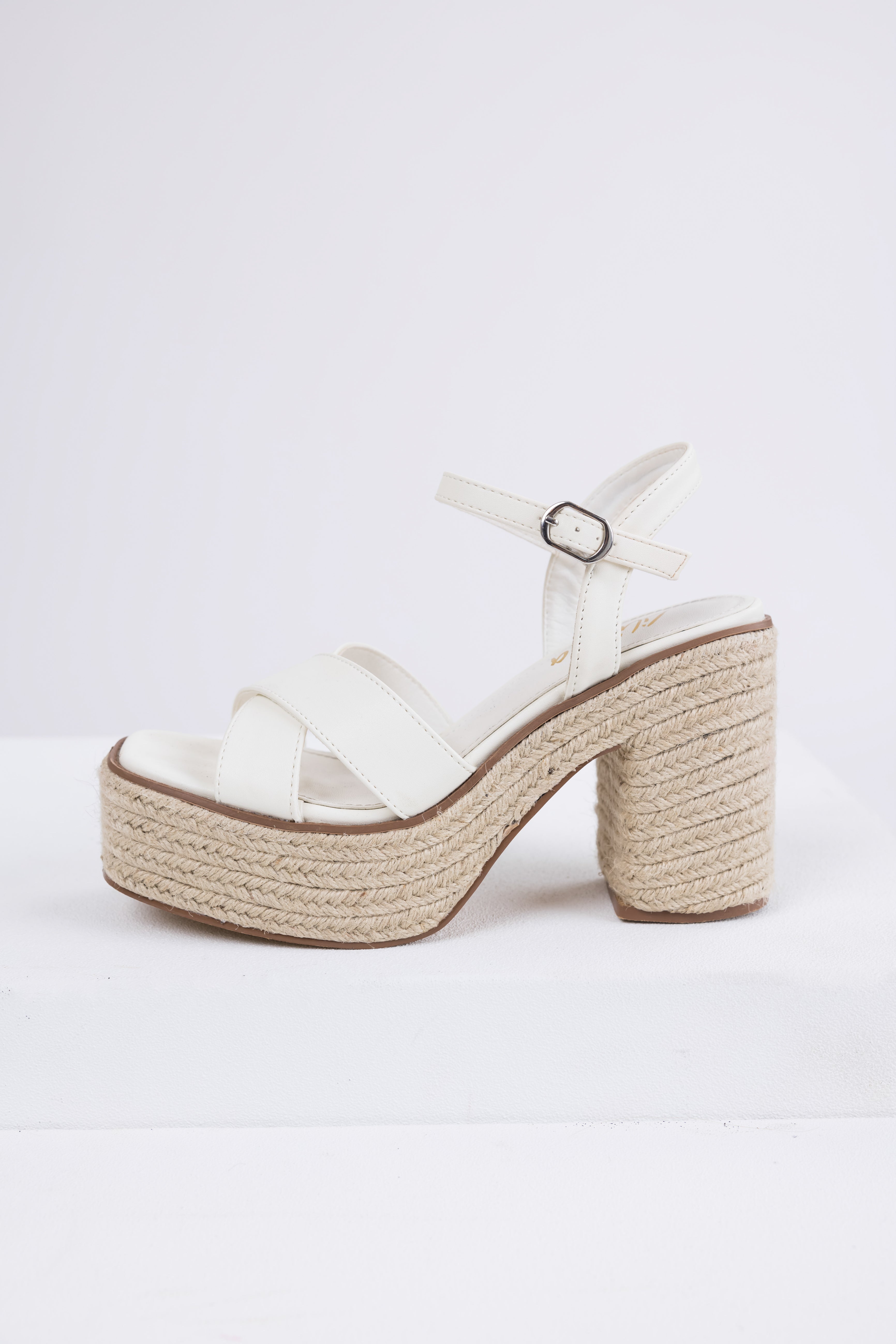 Ivory Cross Strap Espadrille Platform Block Heels-Newayad