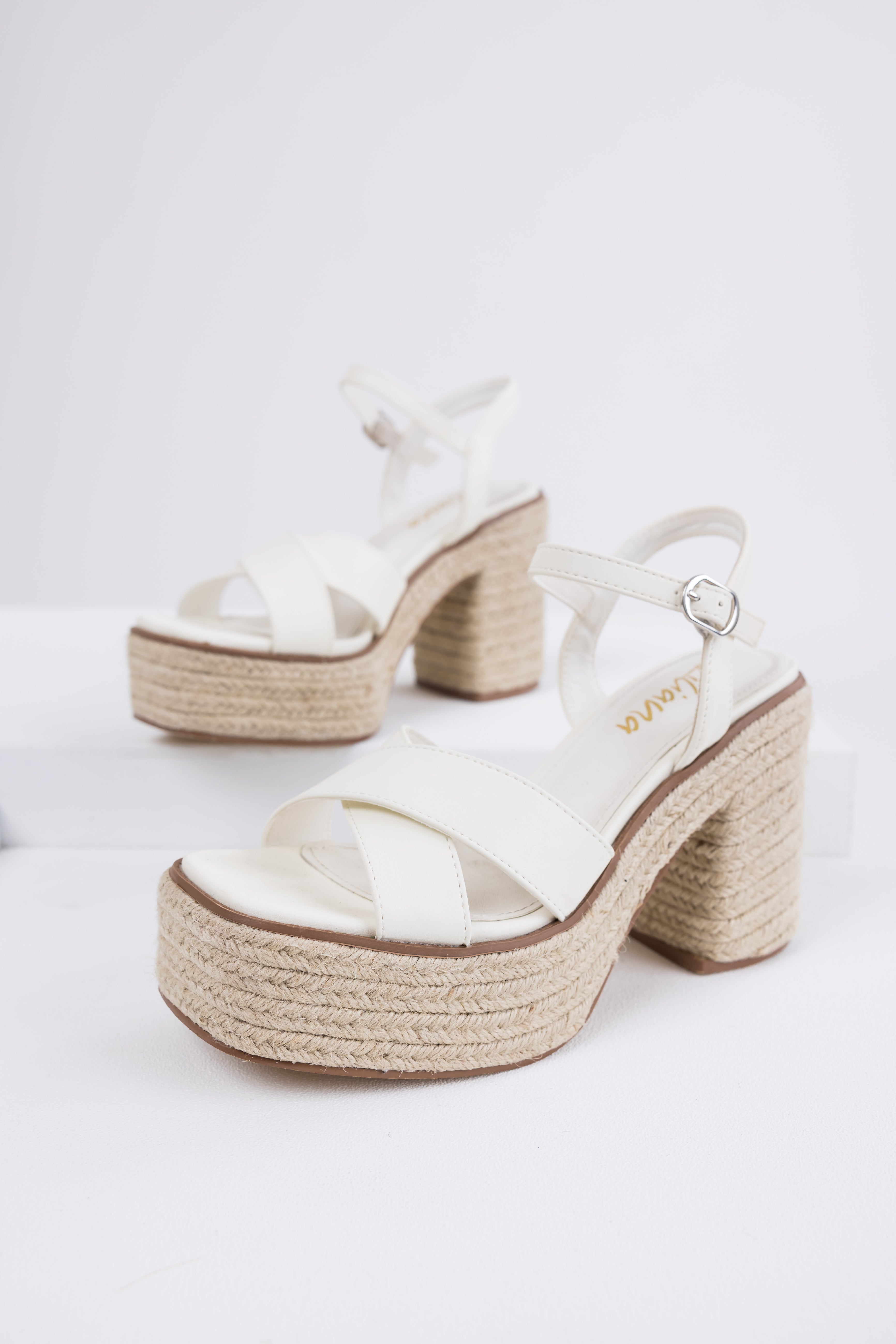 Ivory Cross Strap Espadrille Platform Block Heels-Newayad