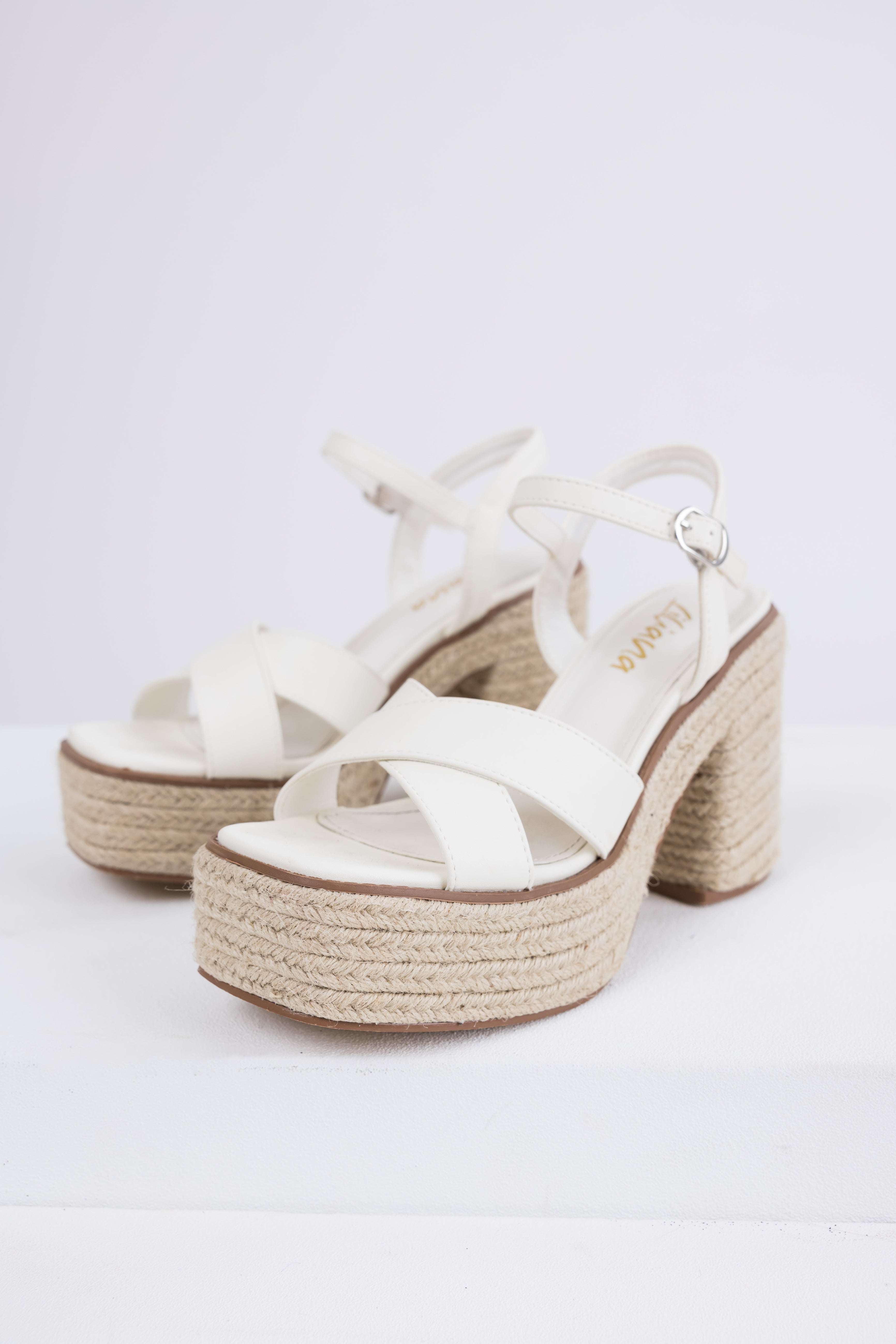 Ivory Cross Strap Espadrille Platform Block Heels-Newayad