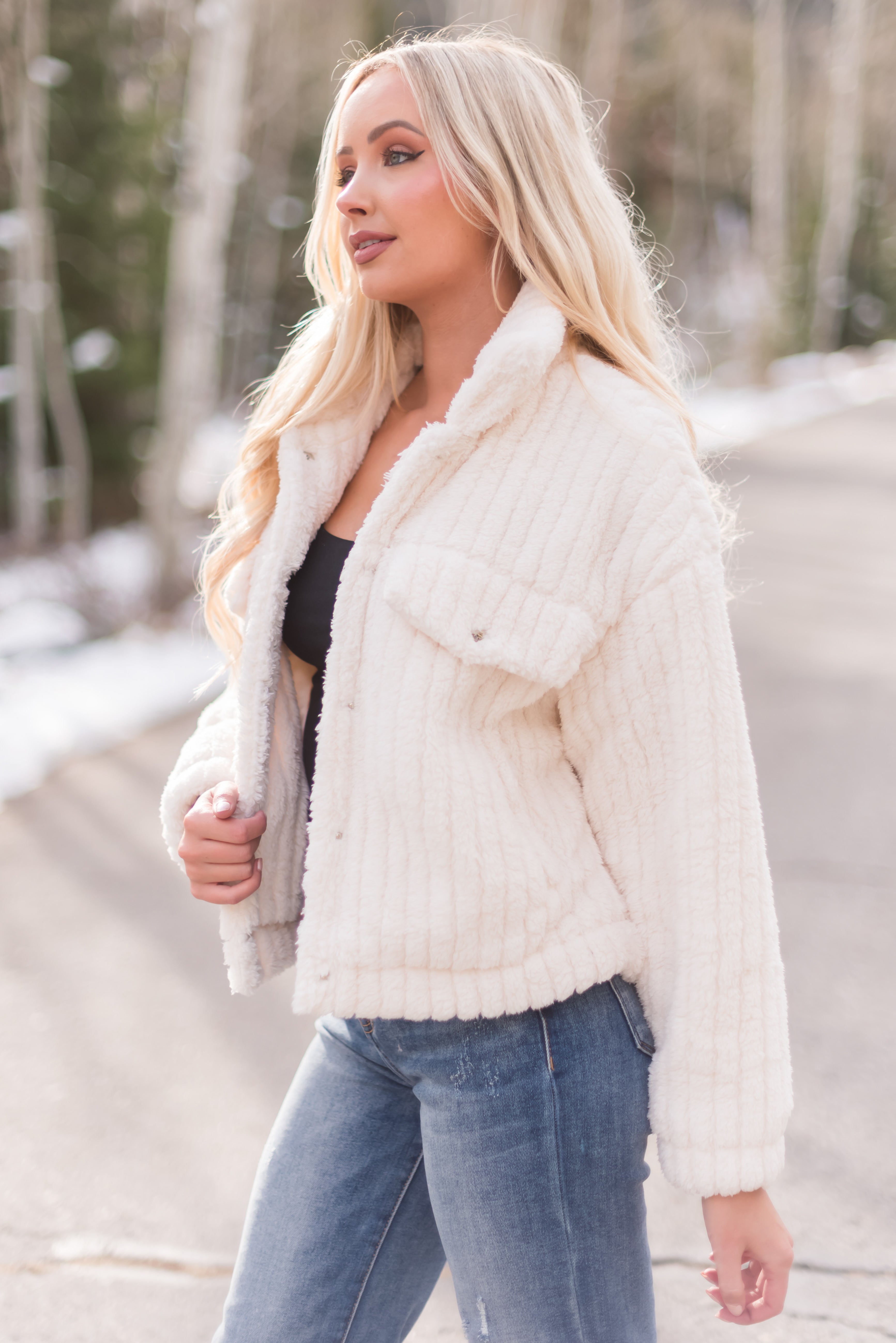 Ivory Soft Sherpa Button Down Jacket-Newayad