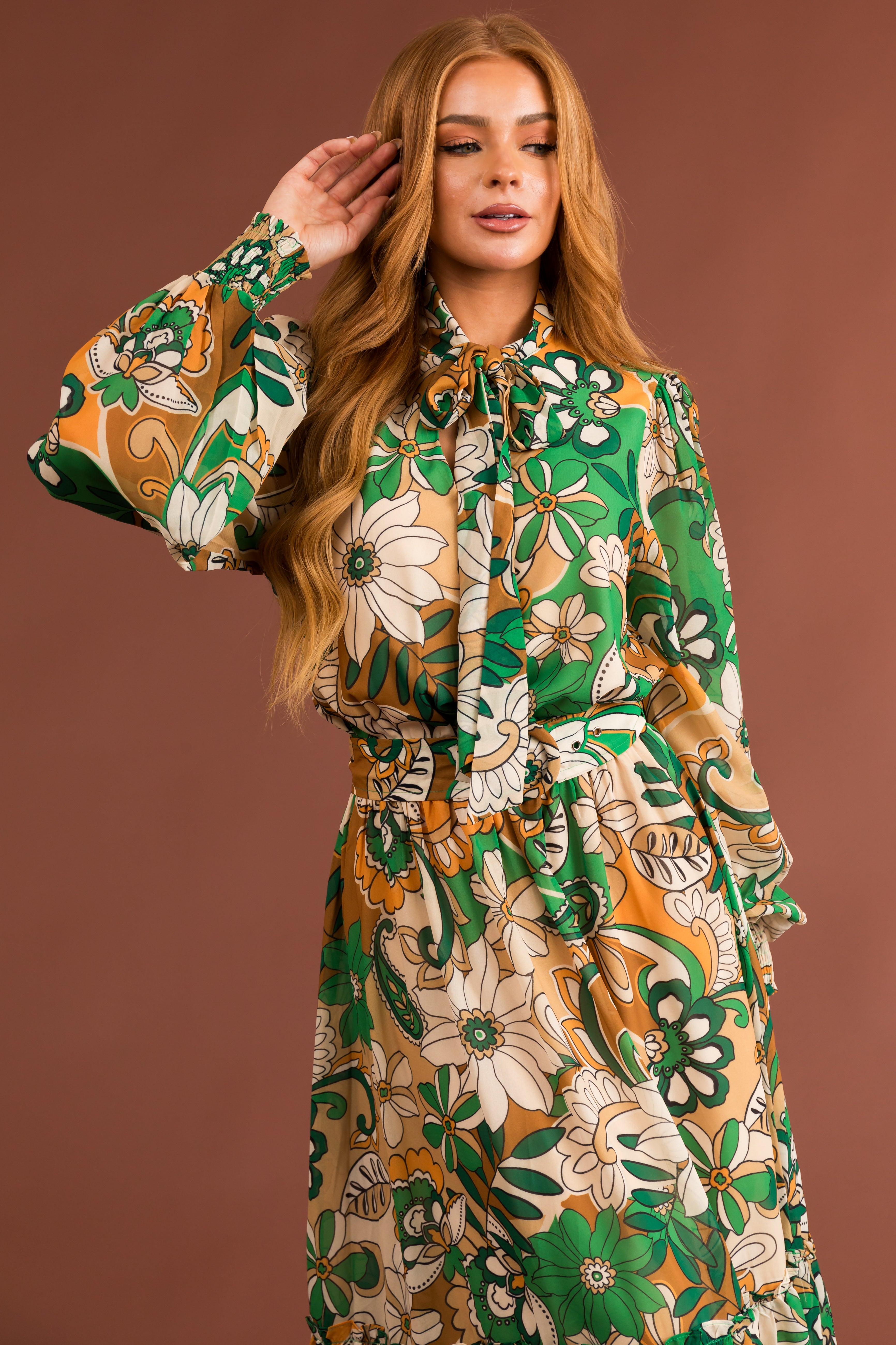 Flying Tomato Jade Floral Print Belted Waist Midi Dress-Newayad