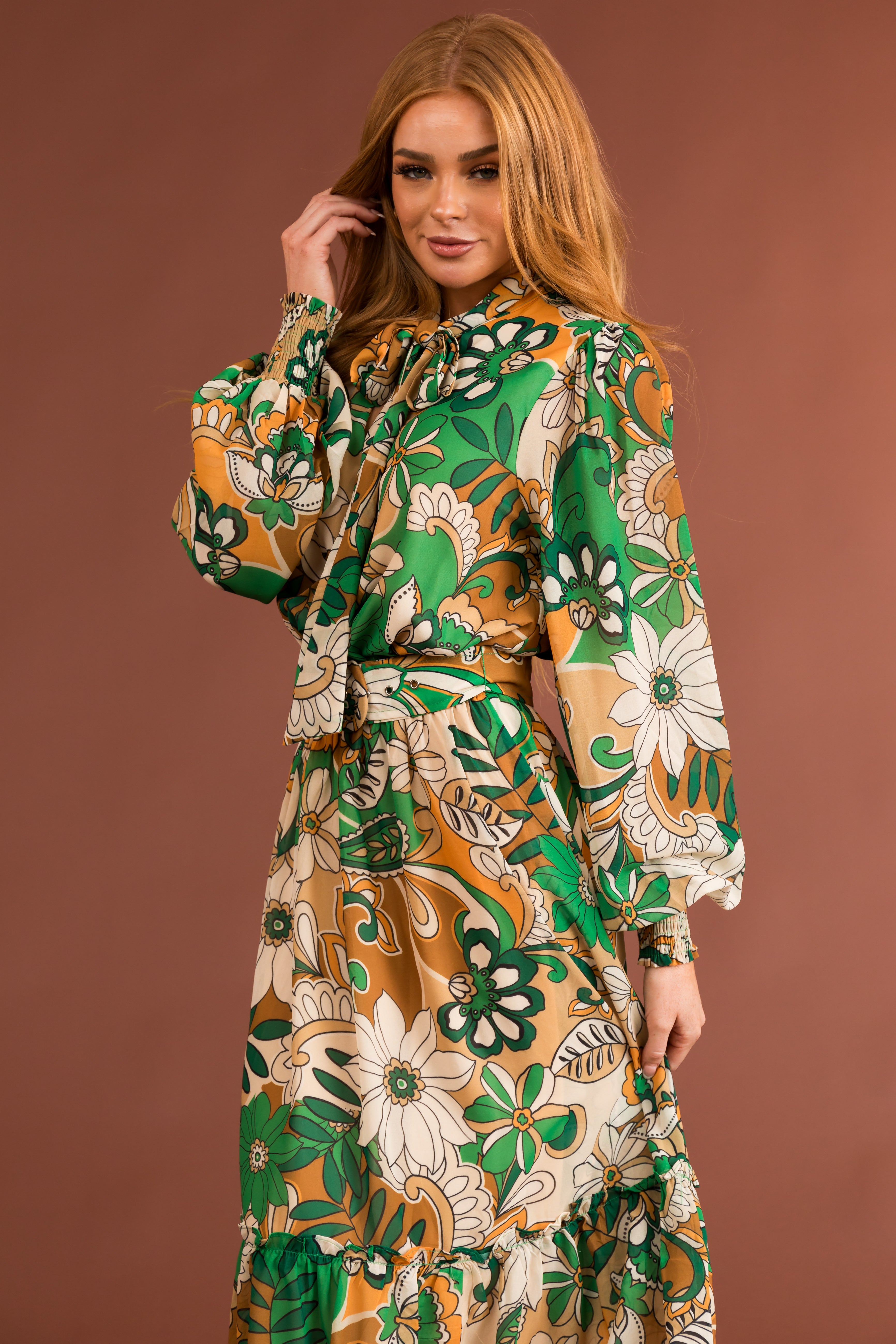 Flying Tomato Jade Floral Print Belted Waist Midi Dress-Newayad