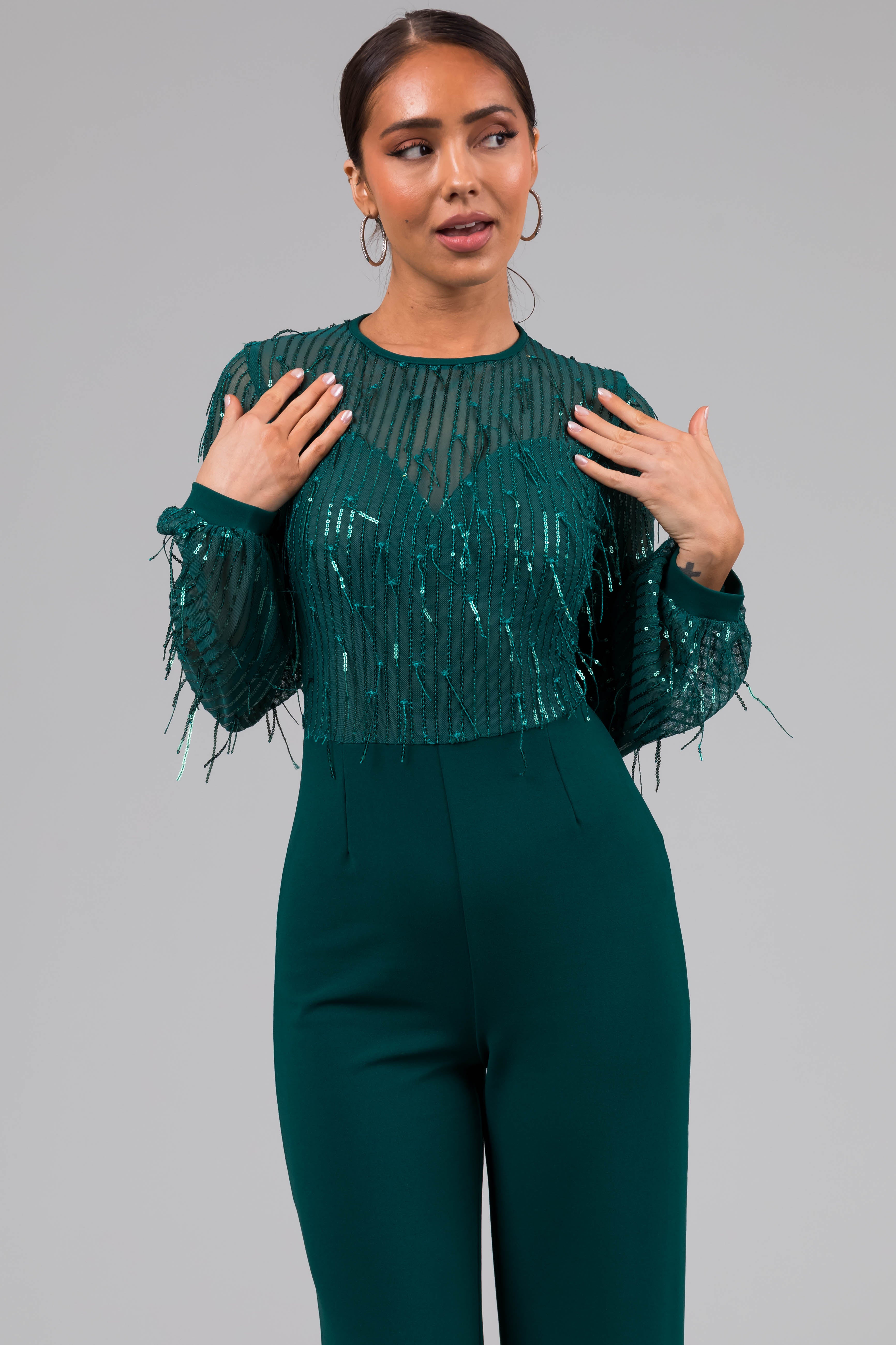 Jade Sequin Fringe Long Sleeve Flare Jumpsuit-Newayad