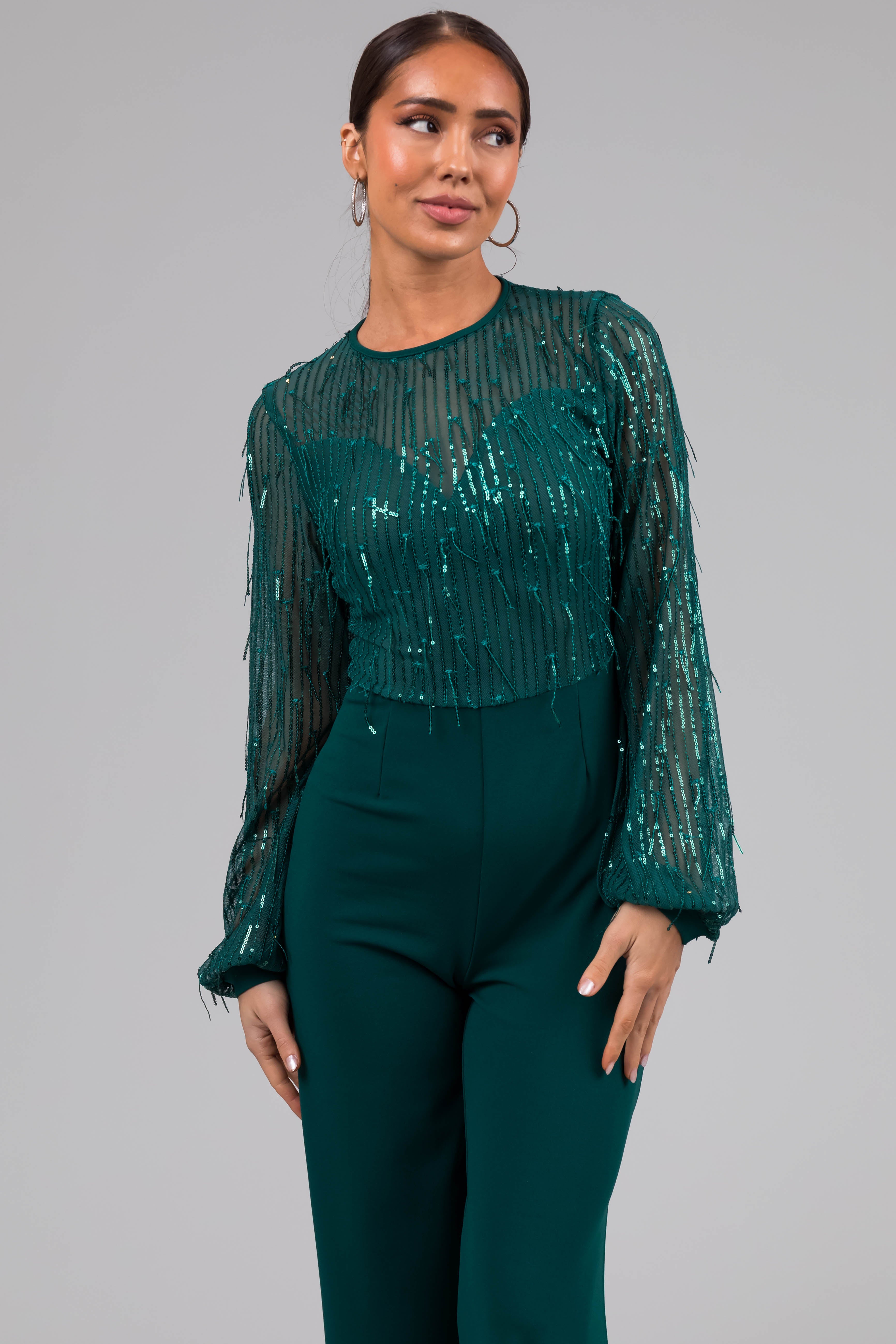 Jade Sequin Fringe Long Sleeve Flare Jumpsuit-Newayad