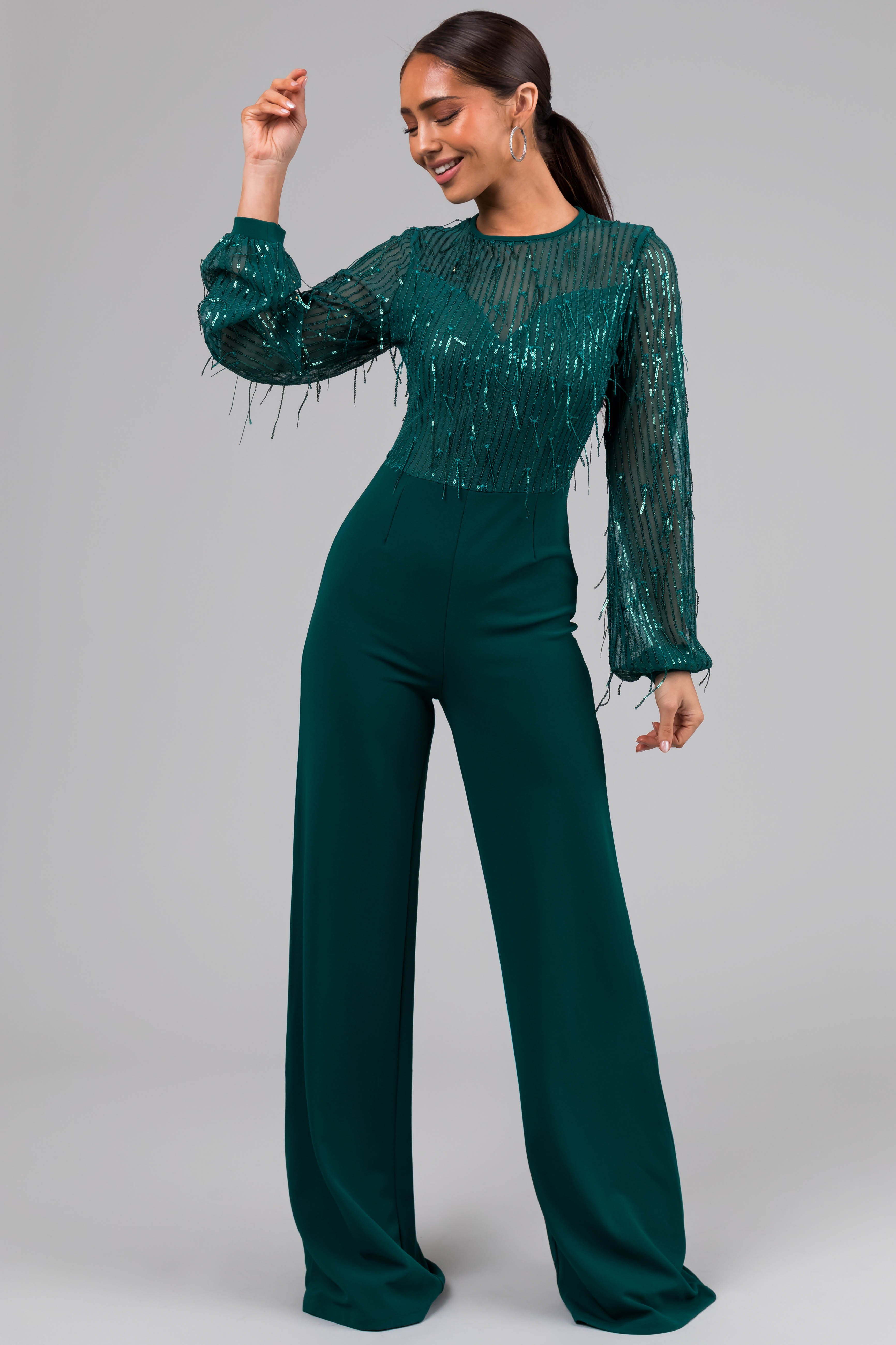 Jade Sequin Fringe Long Sleeve Flare Jumpsuit-Newayad