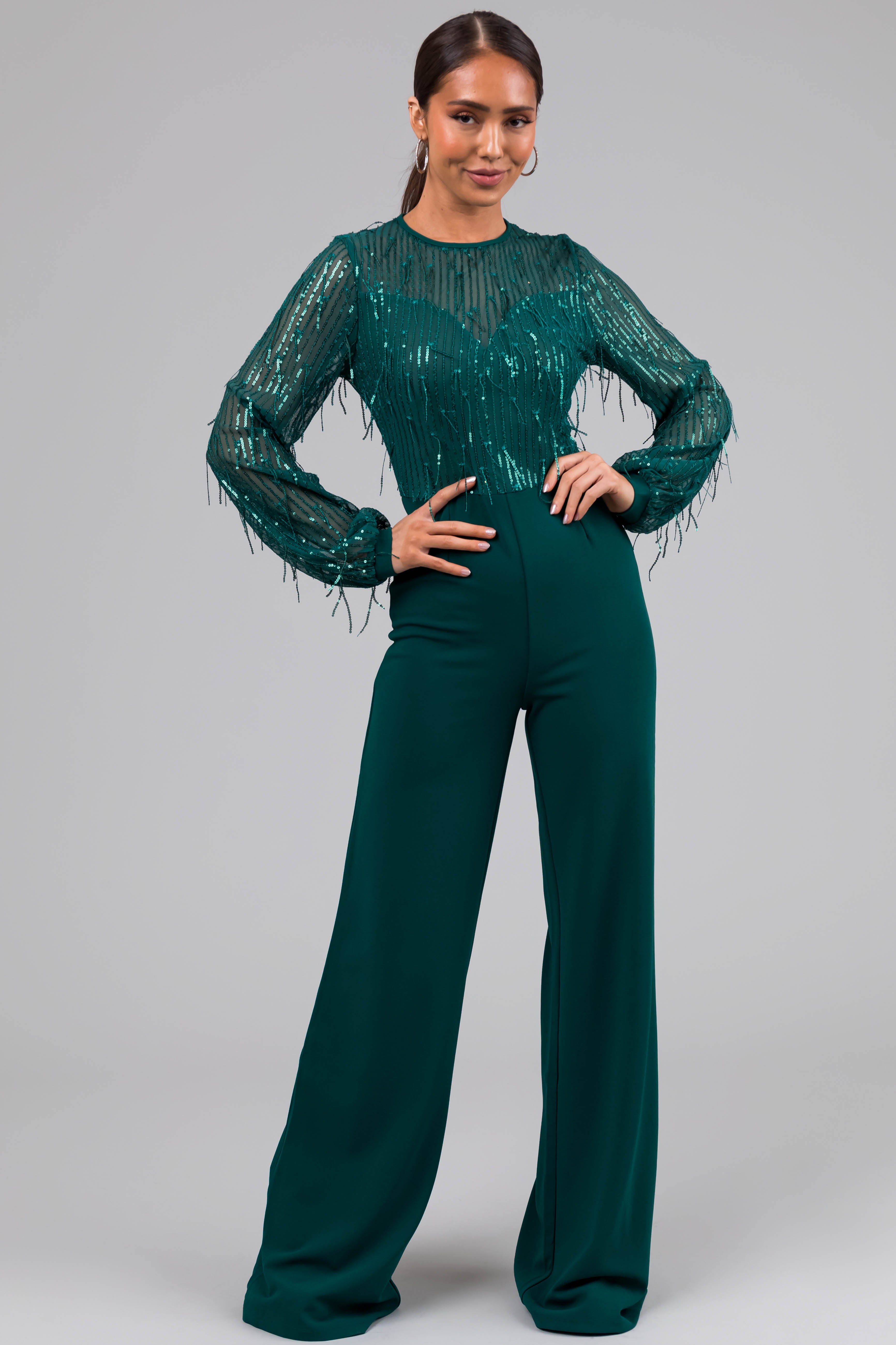 Jade Sequin Fringe Long Sleeve Flare Jumpsuit-Newayad