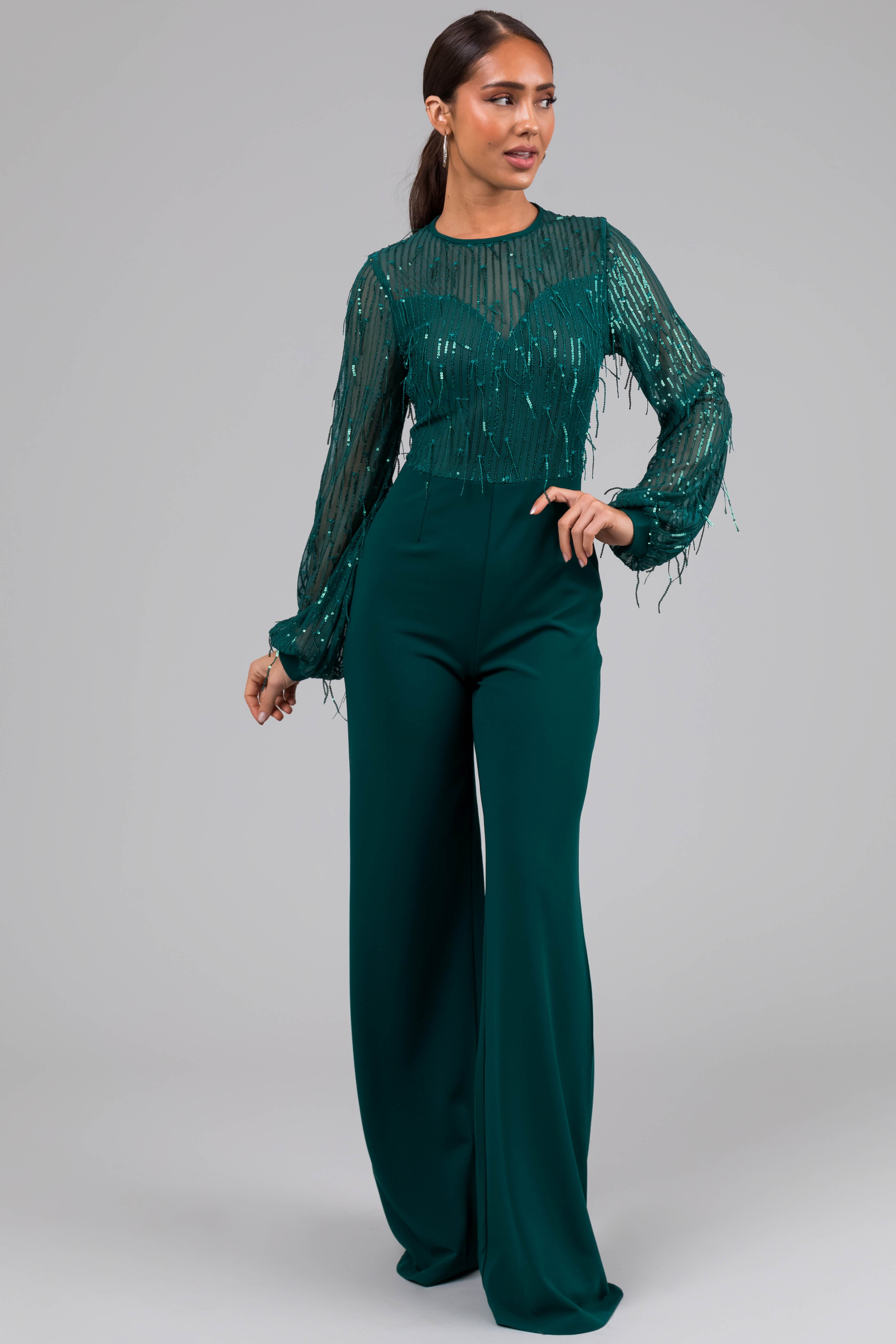 Jade Sequin Fringe Long Sleeve Flare Jumpsuit-Newayad