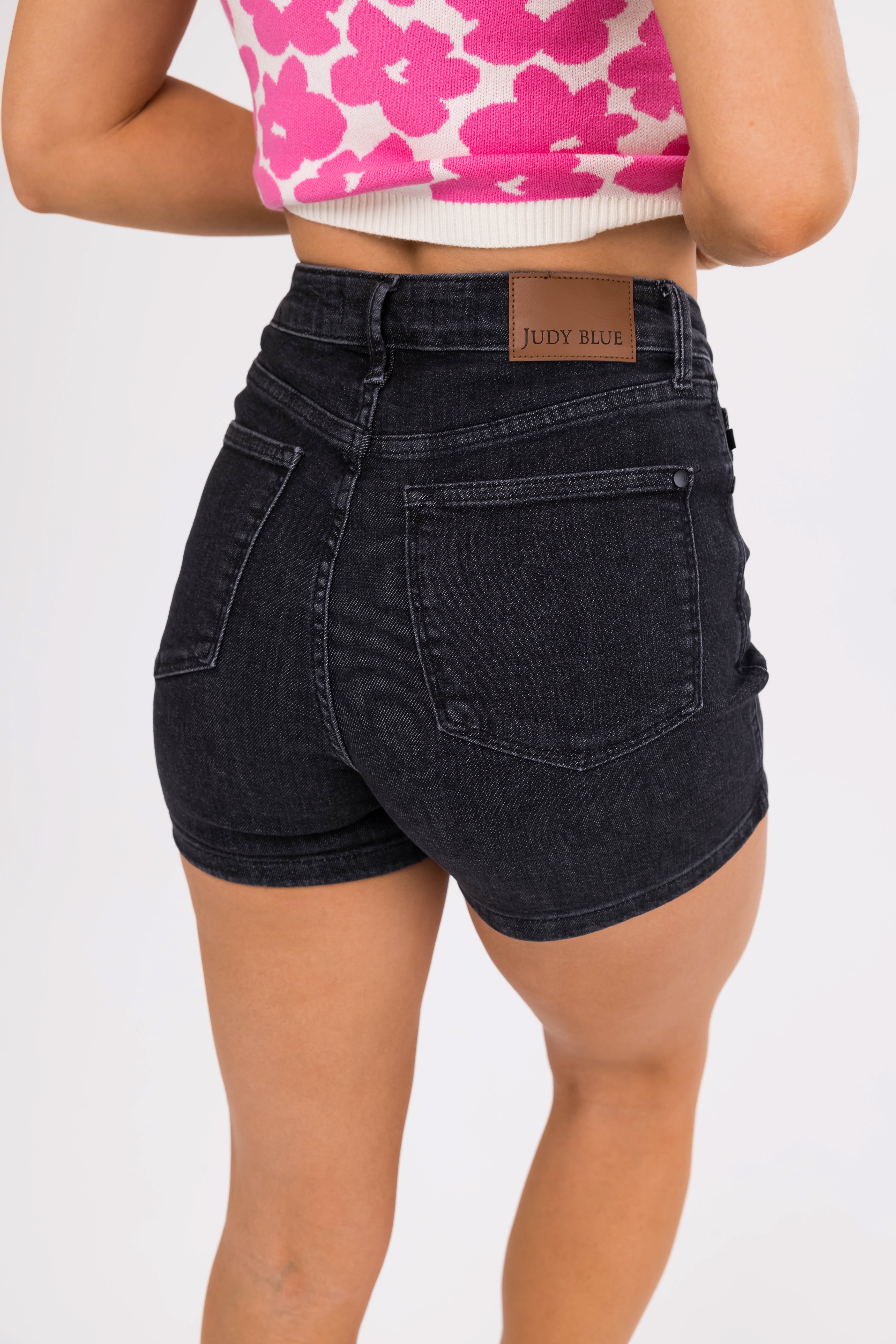 Judy Blue Black Tummy Control Mid Thigh Shorts-Newayad
