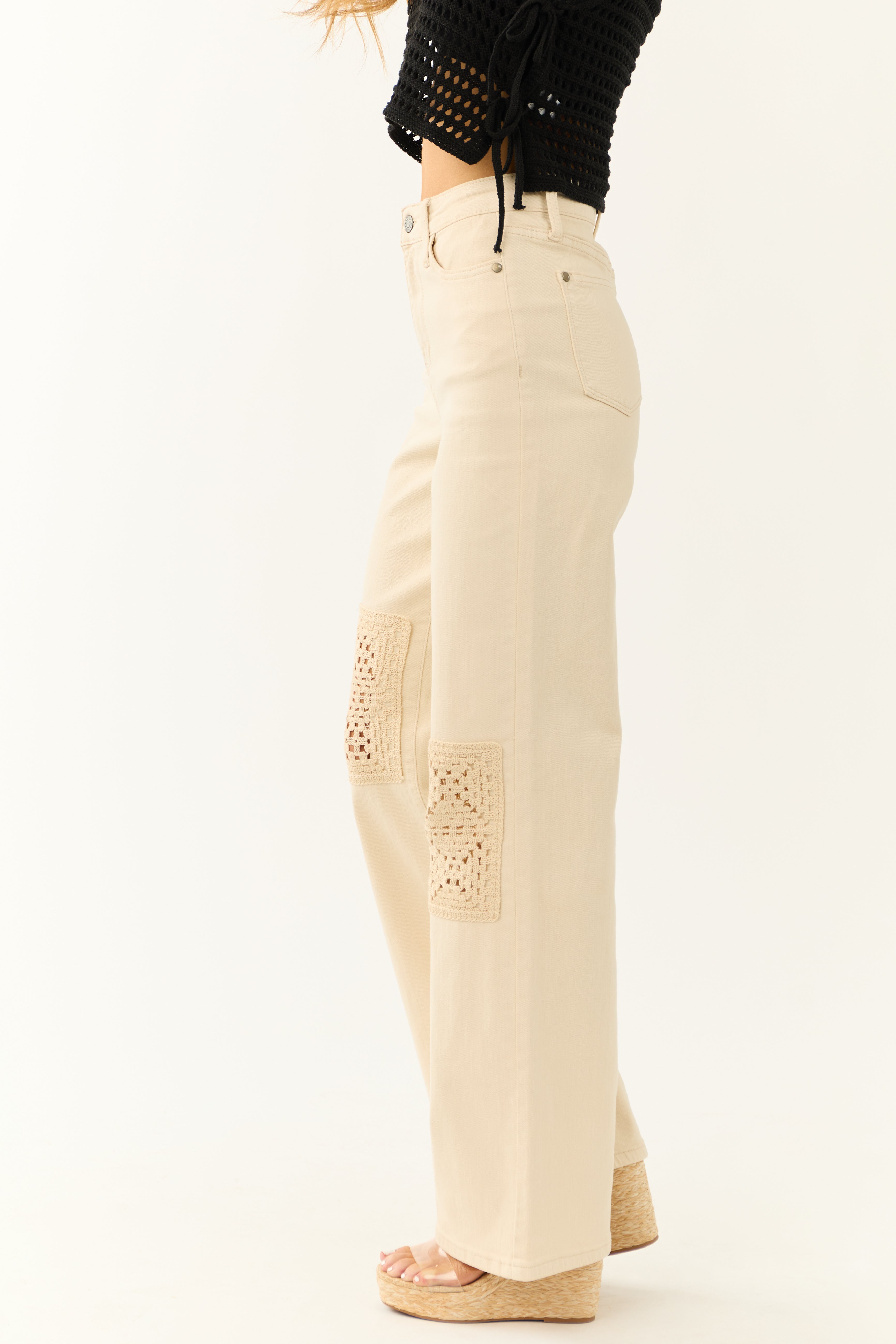 Judy Blue Cream High Rise Crochet Patch Jeans-Newayad
